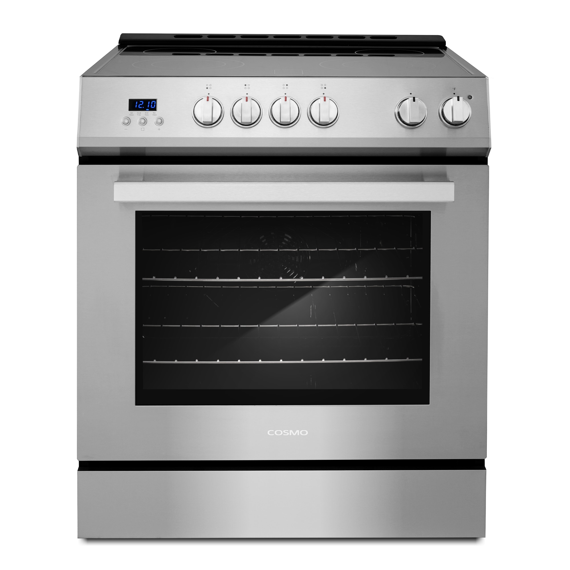 Estufa eléctrica deslizable con horno de convección de 5 pies cúbicos, 4 quemadores y cubierta de vidrio de 30 pulgadas (acero inoxidable)