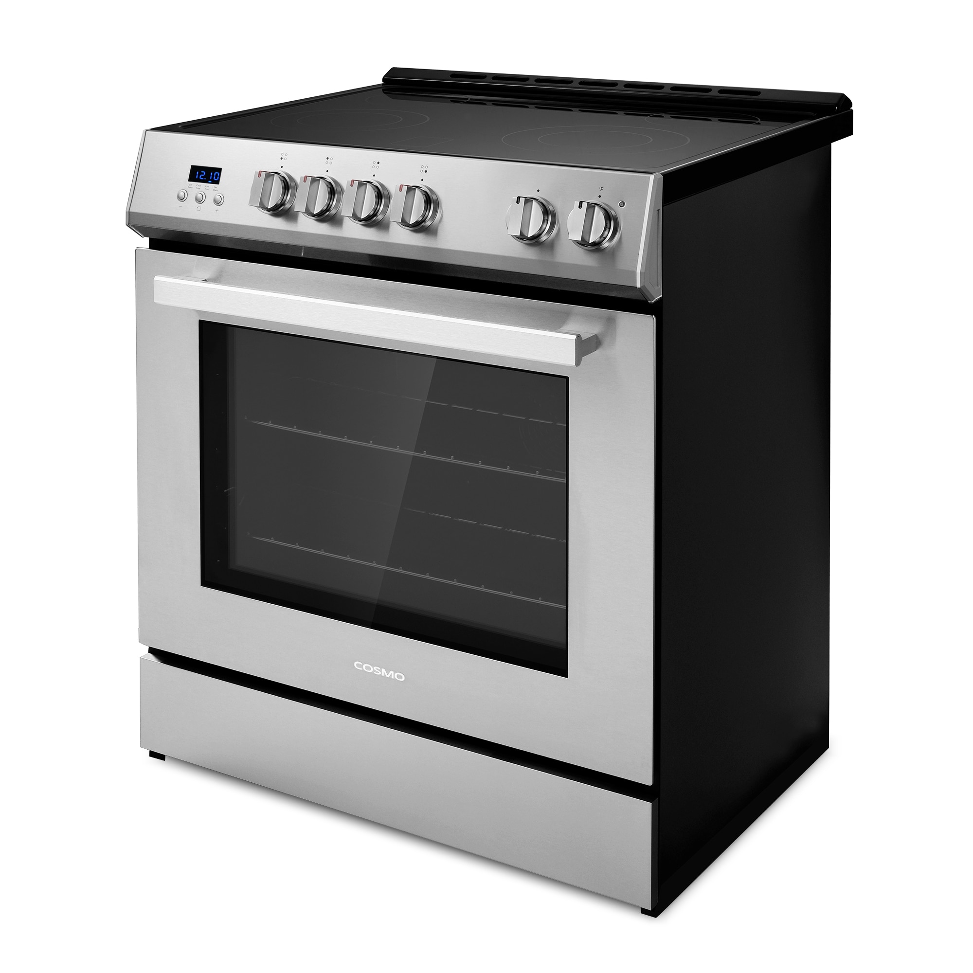 Estufa eléctrica deslizable con horno de convección de 5 pies cúbicos, 4 quemadores y cubierta de vidrio de 30 pulgadas (acero inoxidable)