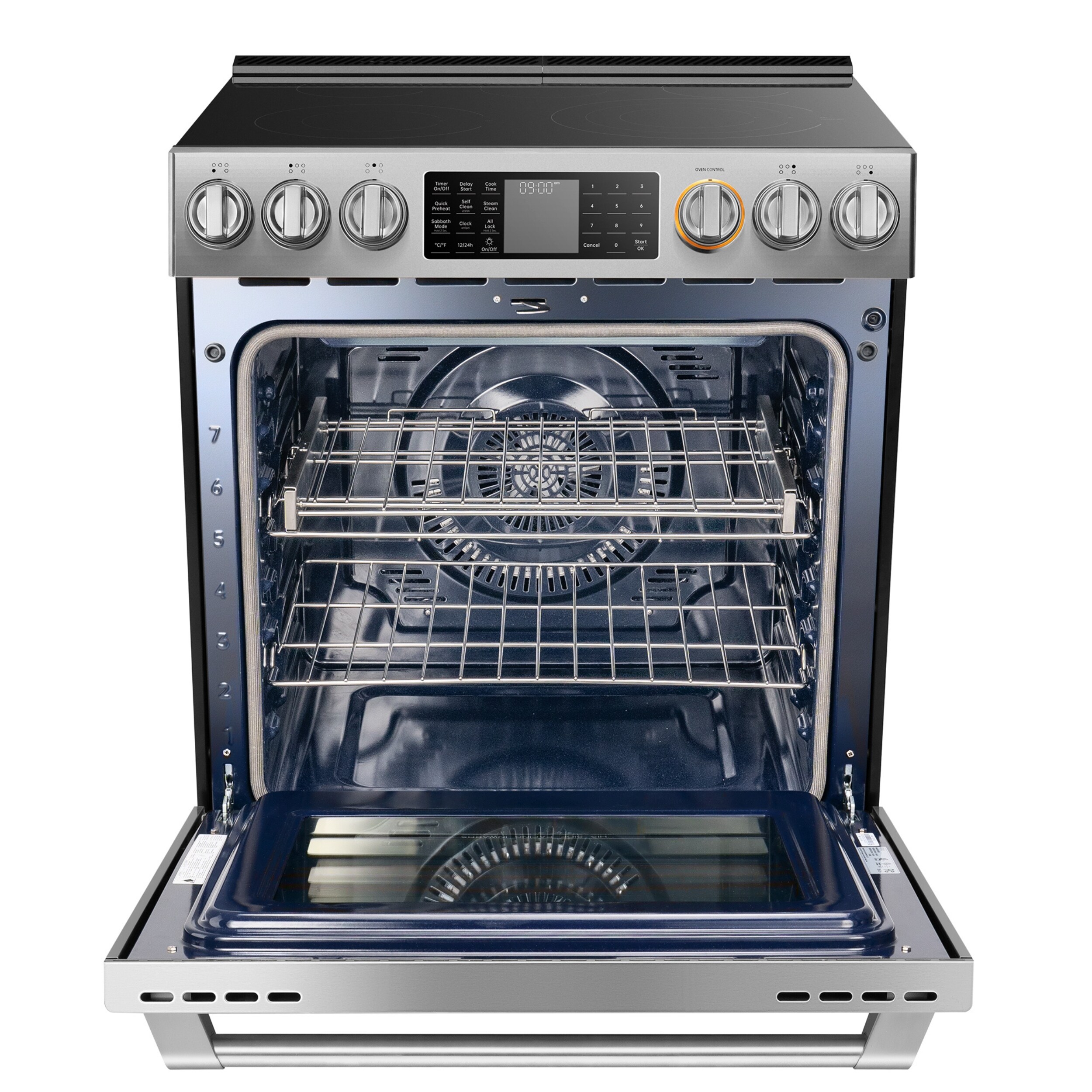 Estufa eléctrica deslizable con horno de convección de freír al aire de 5.7 pies cúbicos y 5 quemadores en vidrio de 30 pulgadas (acero inoxidable) de FOTILE