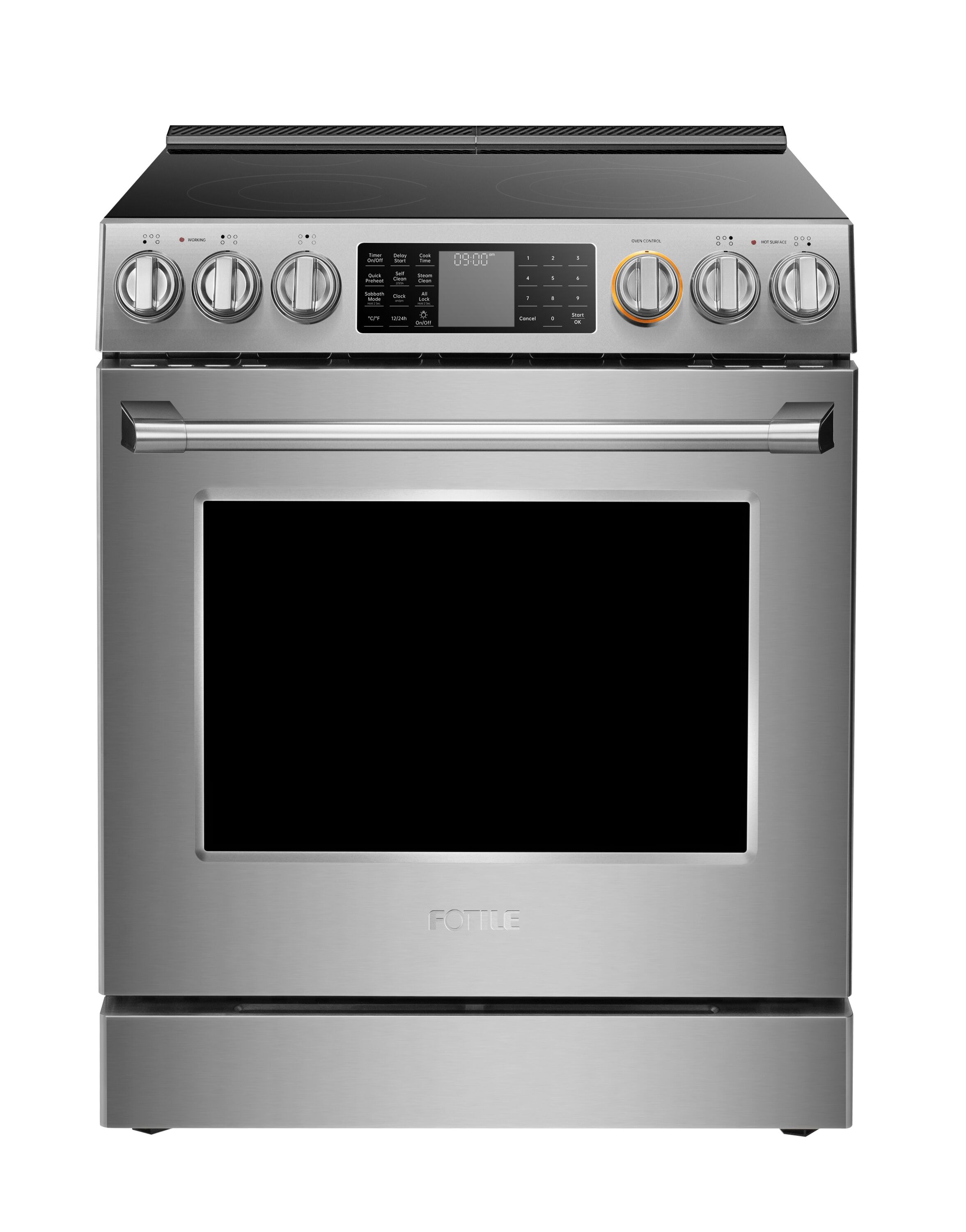 Estufa eléctrica deslizable con horno de convección de freír al aire de 5.7 pies cúbicos y 5 quemadores en vidrio de 30 pulgadas (acero inoxidable) de FOTILE