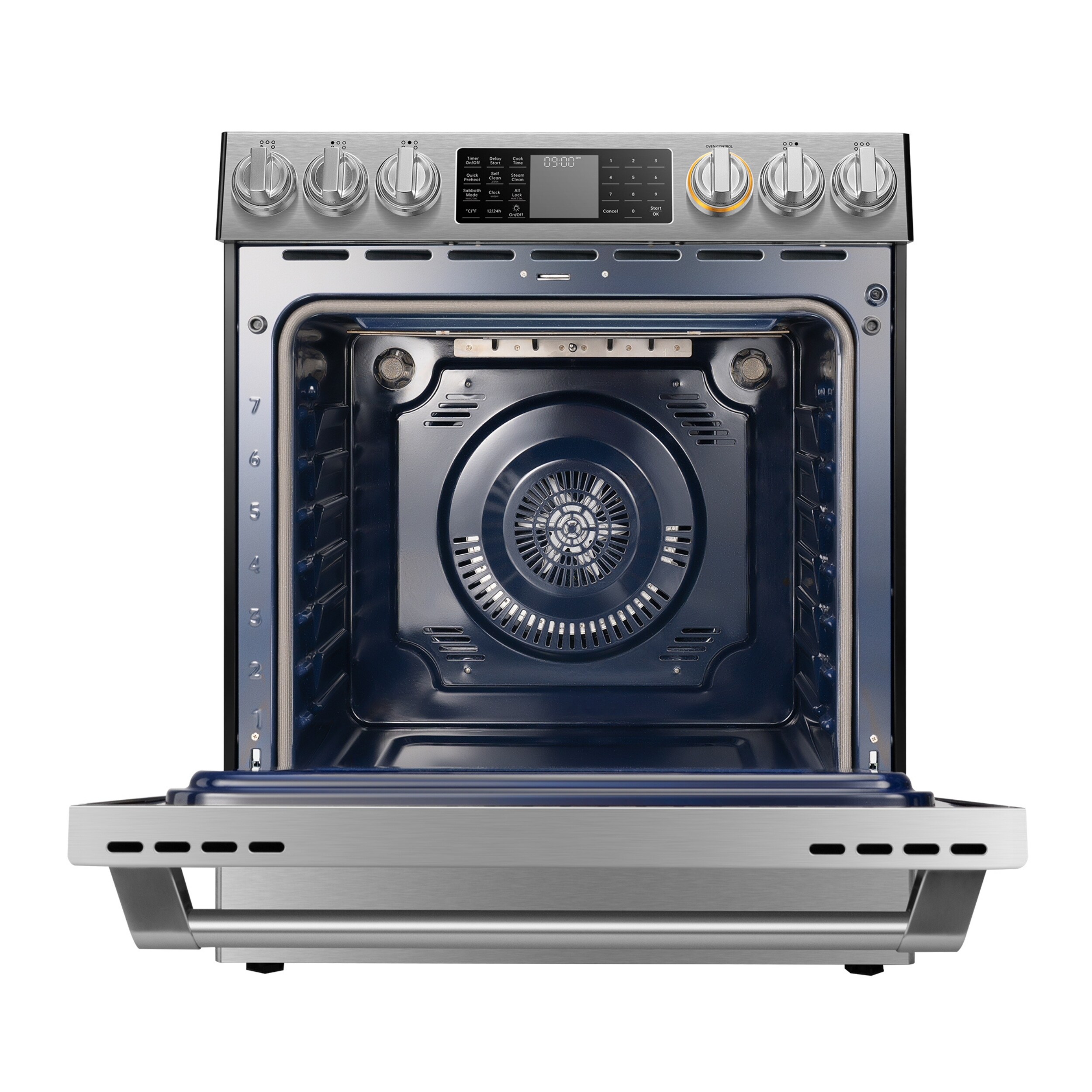 Tecnología FreshBake de FOTILE con horno de convección de freír al aire de 5.7 pies cúbicos y 5 quemadores en una estufa eléctrica deslizable de vidrio de 30 pulgadas (Acero inoxidable)