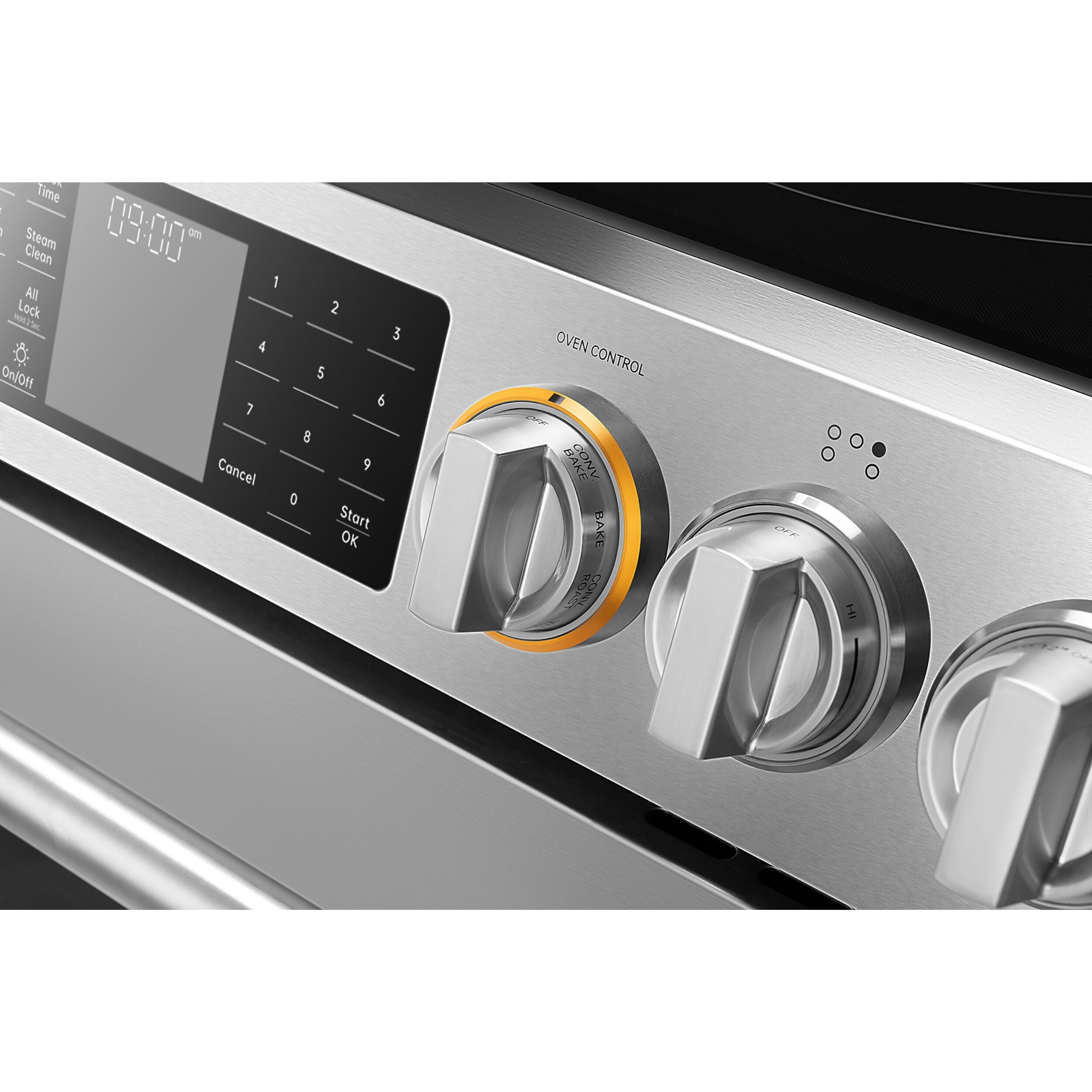 Tecnología FreshBake de FOTILE con horno de convección de freír al aire de 5.7 pies cúbicos y 5 quemadores en una estufa eléctrica deslizable de vidrio de 30 pulgadas (Acero inoxidable)