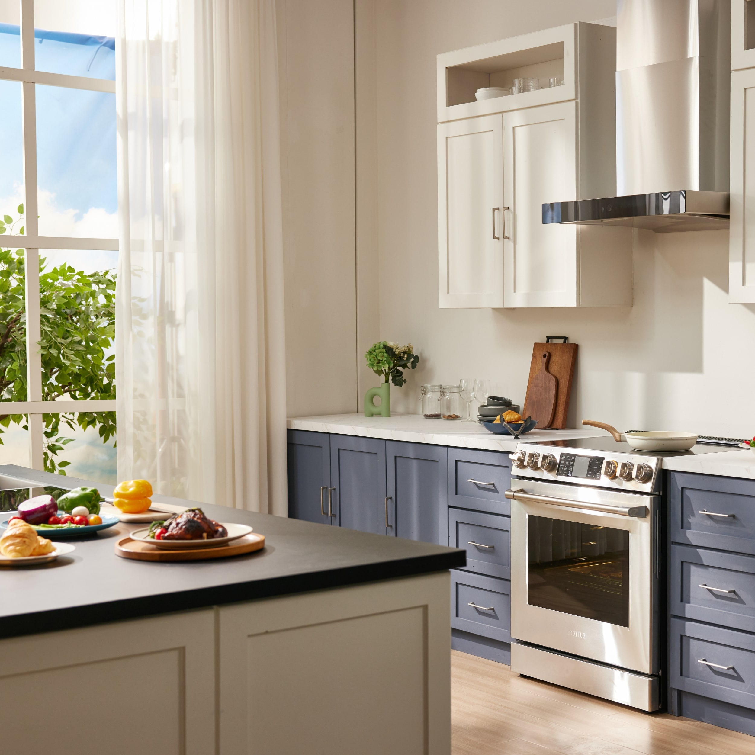 Tecnología FreshBake de FOTILE con horno de convección de freír al aire de 5.7 pies cúbicos y 5 quemadores en una estufa eléctrica deslizable de vidrio de 30 pulgadas (Acero inoxidable)