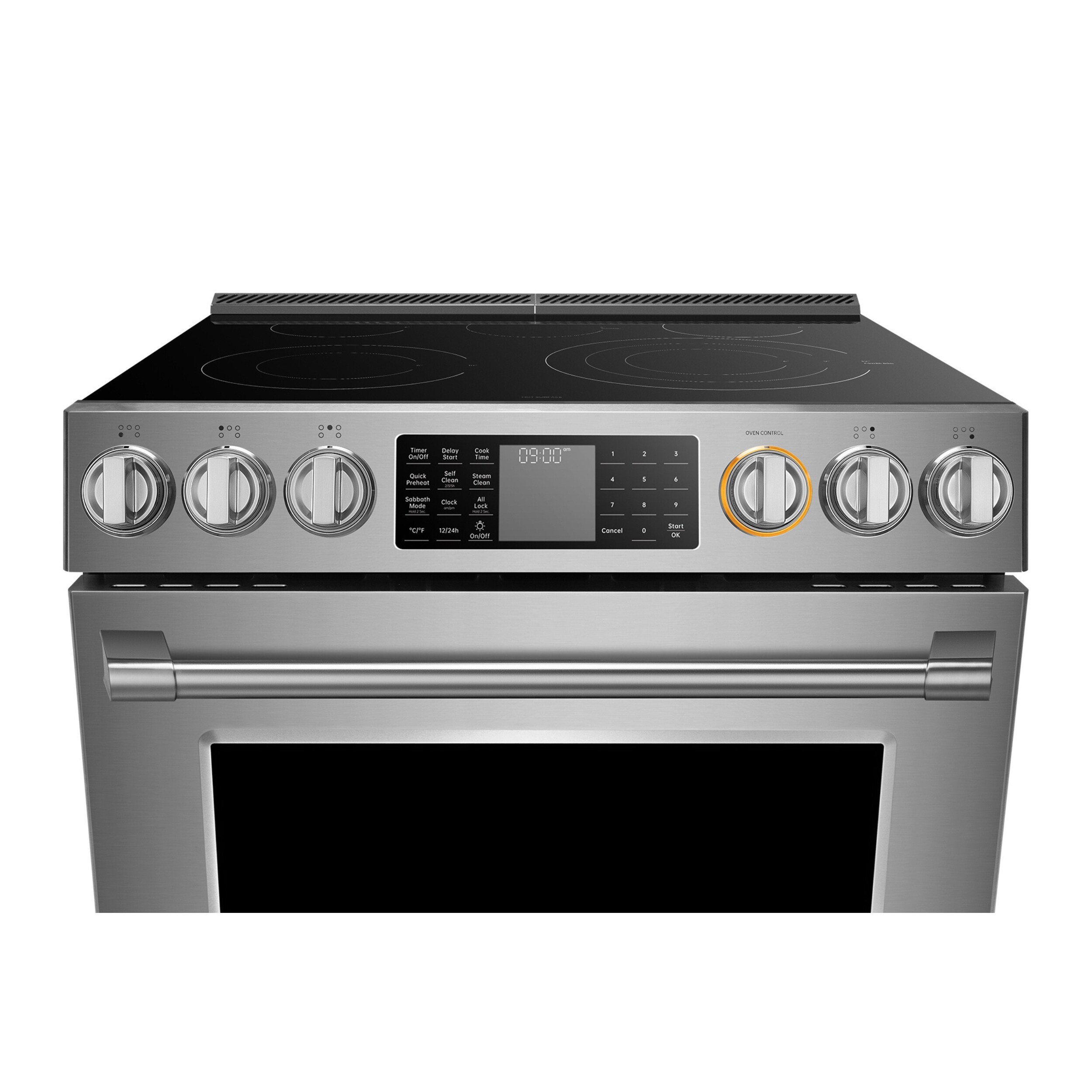 Tecnología FreshBake de FOTILE con horno de convección de freír al aire de 5.7 pies cúbicos y 5 quemadores en una estufa eléctrica deslizable de vidrio de 30 pulgadas (Acero inoxidable)
