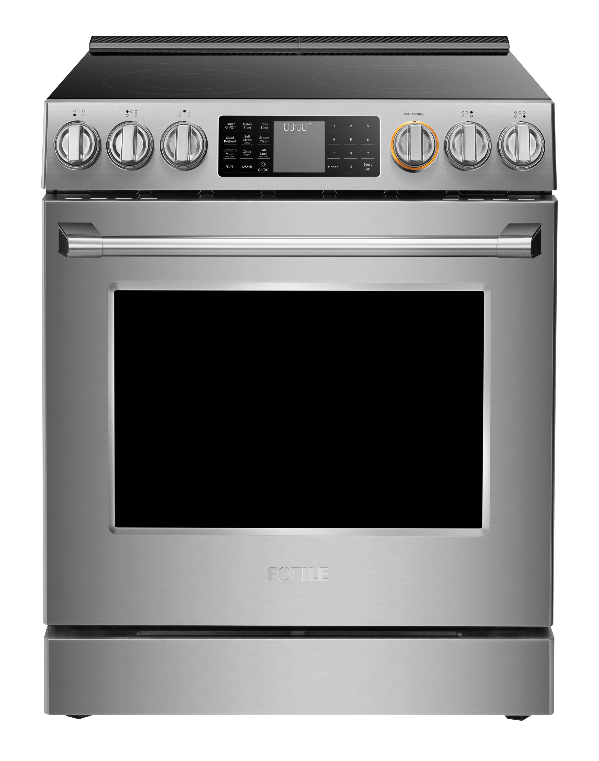 Tecnología FreshBake de FOTILE con horno de convección de freír al aire de 5.7 pies cúbicos y 5 quemadores en una estufa eléctrica deslizable de vidrio de 30 pulgadas (Acero inoxidable)