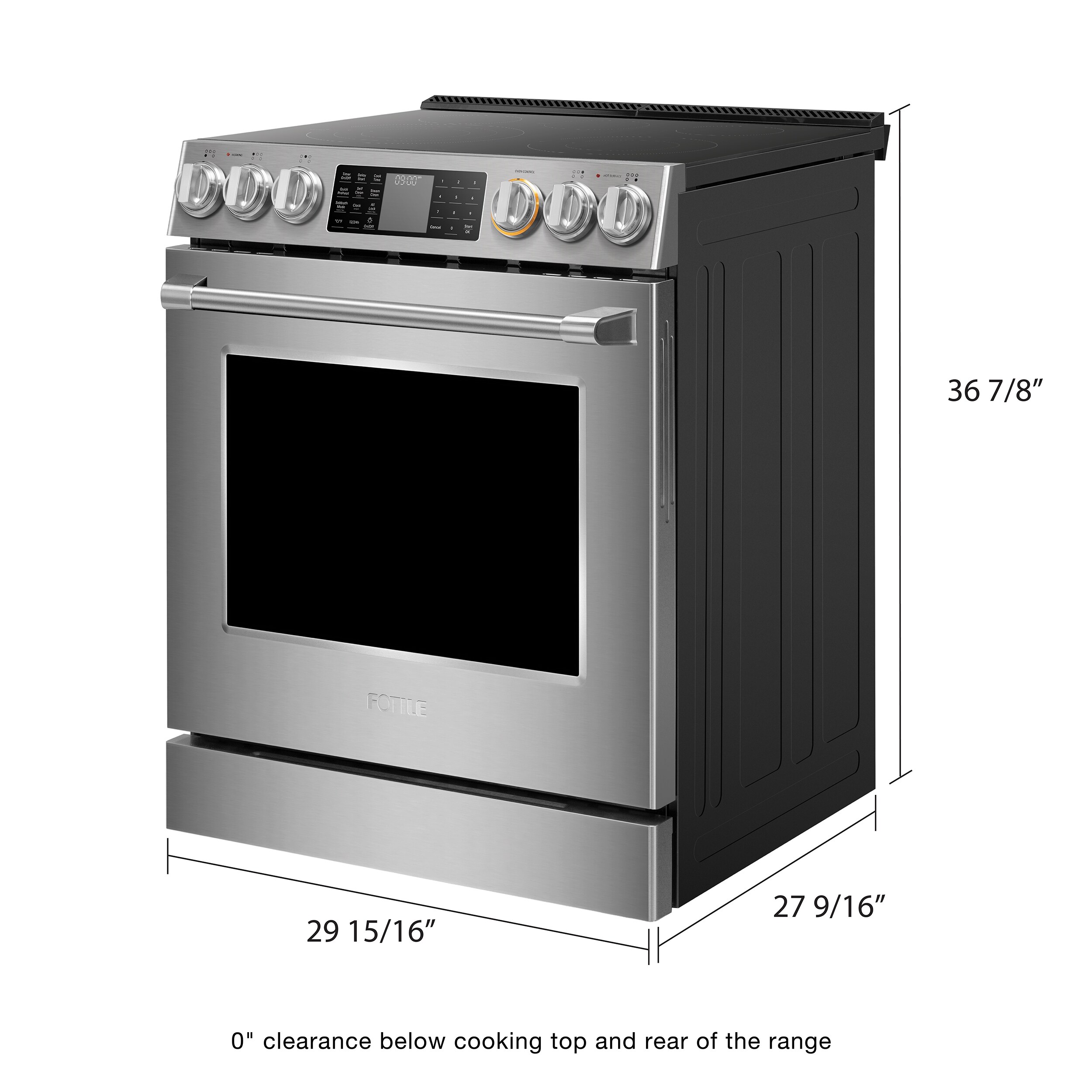 Tecnología FreshBake de FOTILE con horno de convección de freír al aire de 5.7 pies cúbicos y 5 quemadores en una estufa eléctrica deslizable de vidrio de 30 pulgadas (Acero inoxidable)