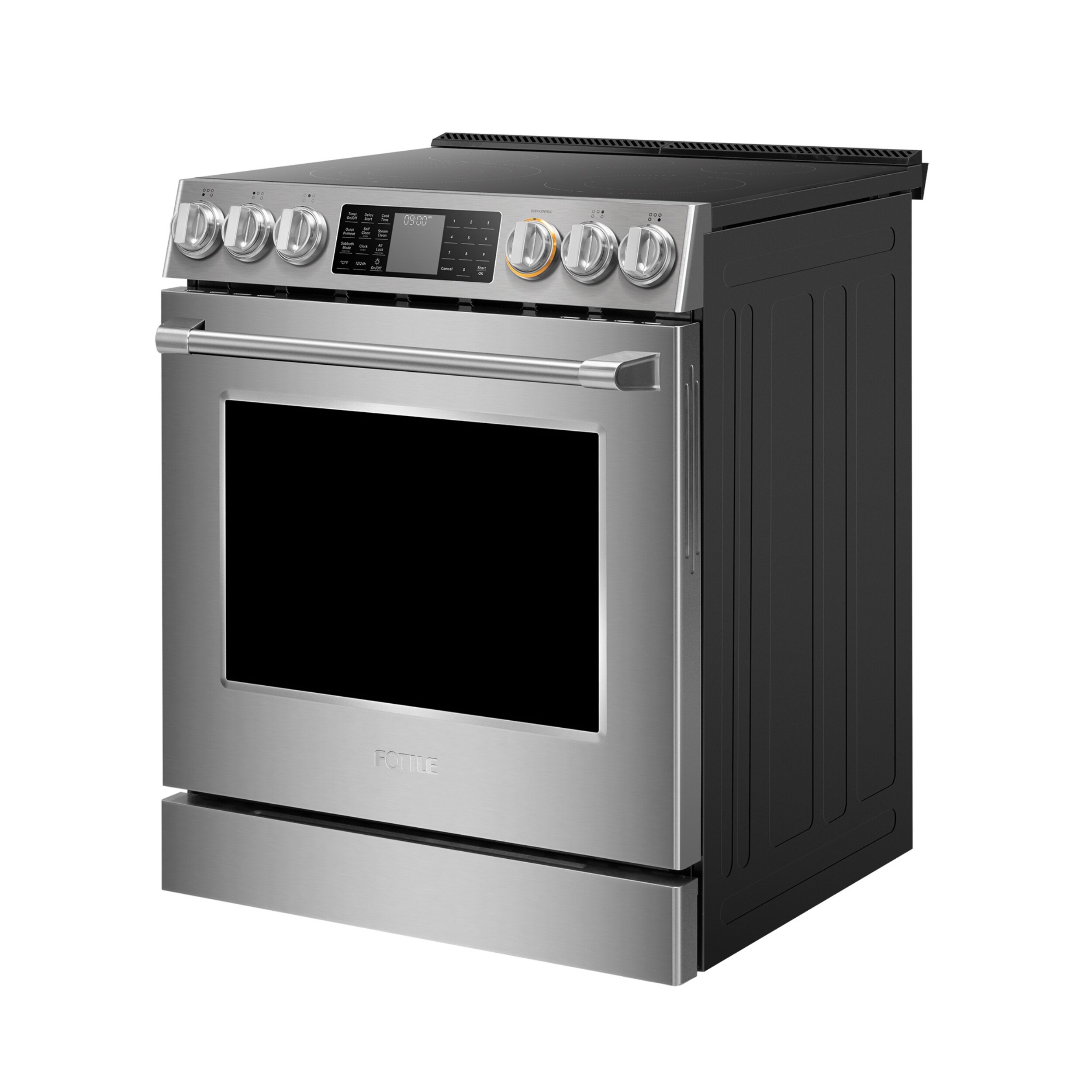Tecnología FreshBake de FOTILE con horno de convección de freír al aire de 5.7 pies cúbicos y 5 quemadores en una estufa eléctrica deslizable de vidrio de 30 pulgadas (Acero inoxidable)