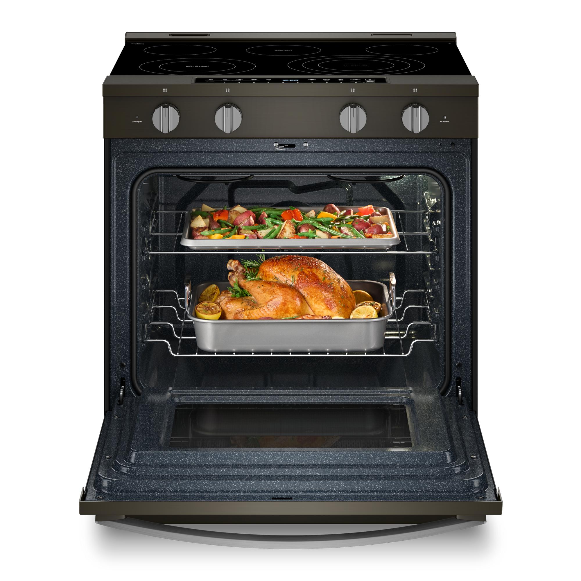 Estufa eléctrica con horno de convección para freír al aire de 5 quemadores de vidrio de 30 pulgadas de Whirlpool con acabado de acero inoxidable negro y recubrimiento WipeClean