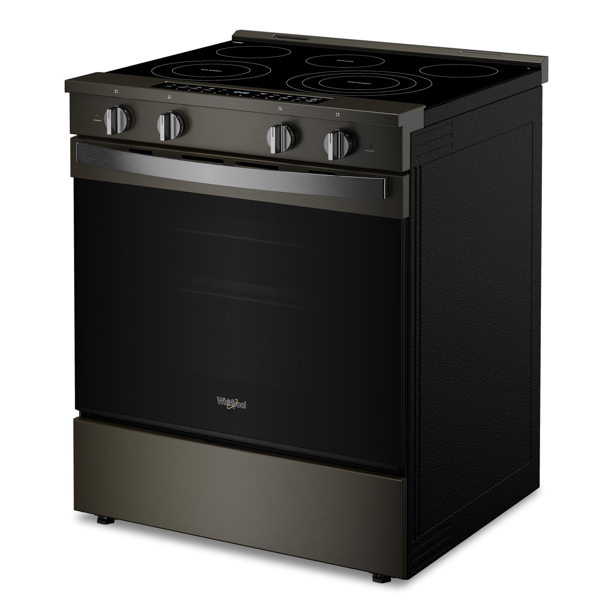 Estufa eléctrica con horno de convección para freír al aire de 5 quemadores de vidrio de 30 pulgadas de Whirlpool con acabado de acero inoxidable negro y recubrimiento WipeClean