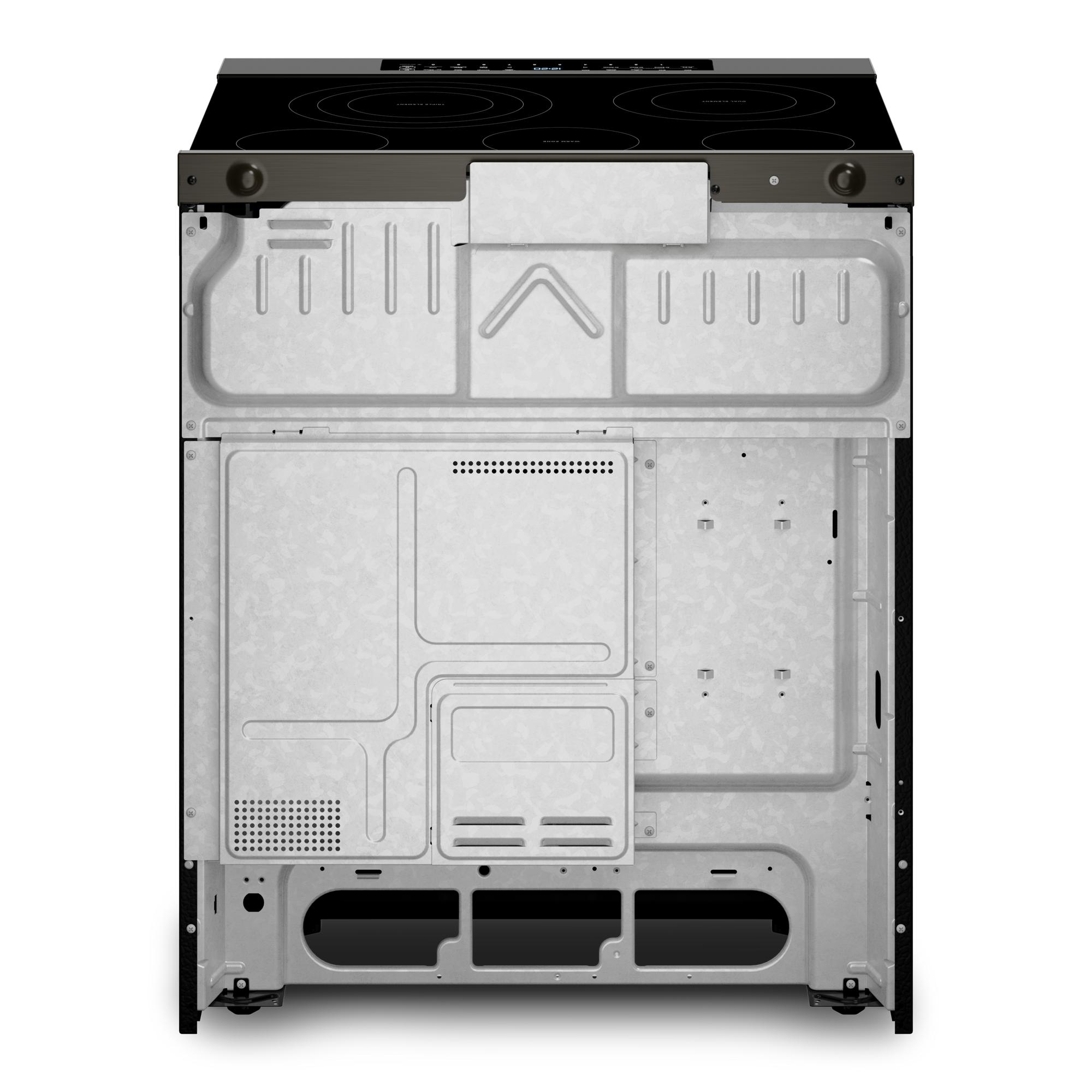 Estufa eléctrica con horno de convección para freír al aire de 5 quemadores de vidrio de 30 pulgadas de Whirlpool con acabado de acero inoxidable negro y recubrimiento WipeClean