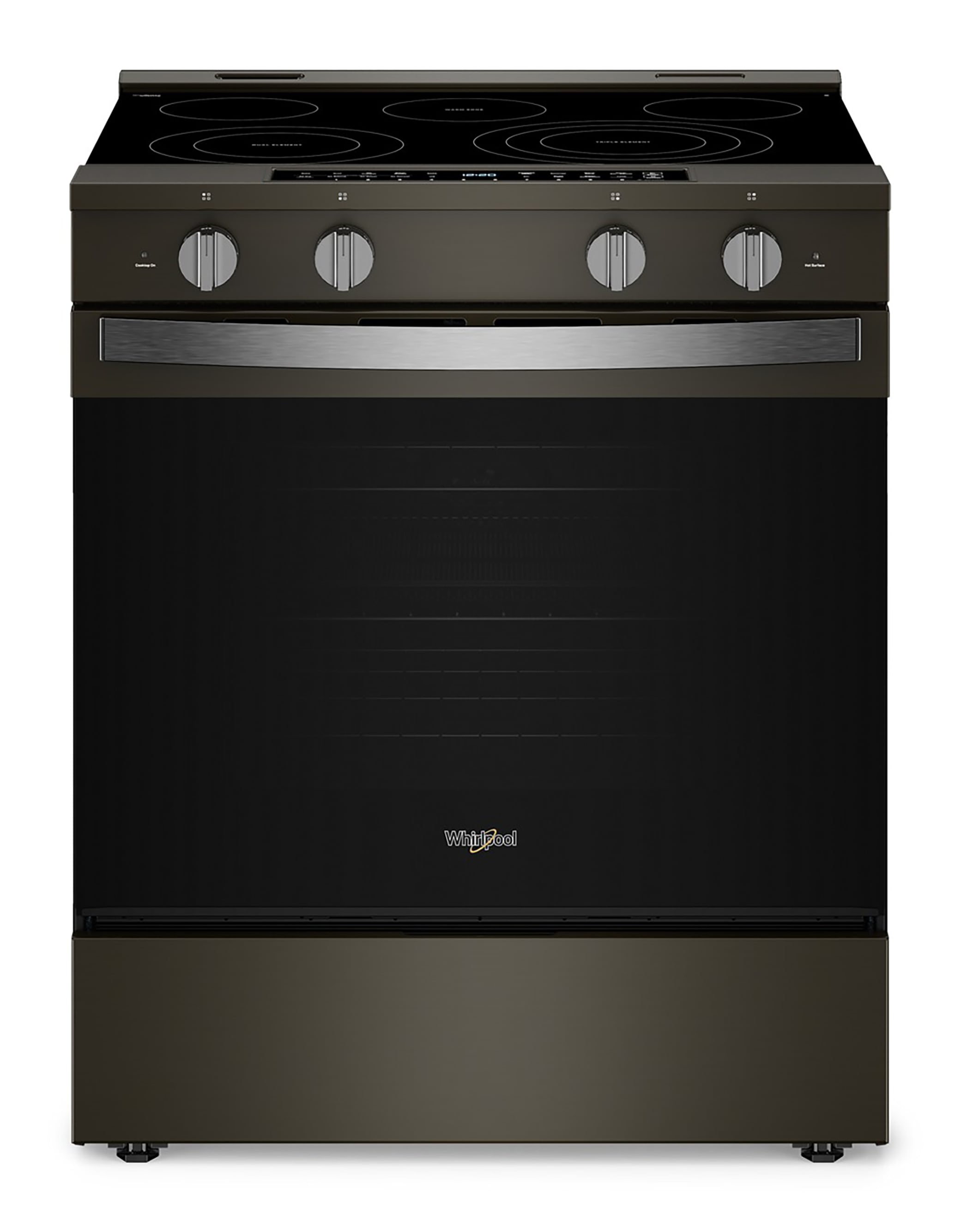 Estufa eléctrica con horno de convección para freír al aire de 5 quemadores de vidrio de 30 pulgadas de Whirlpool con acabado de acero inoxidable negro y recubrimiento WipeClean