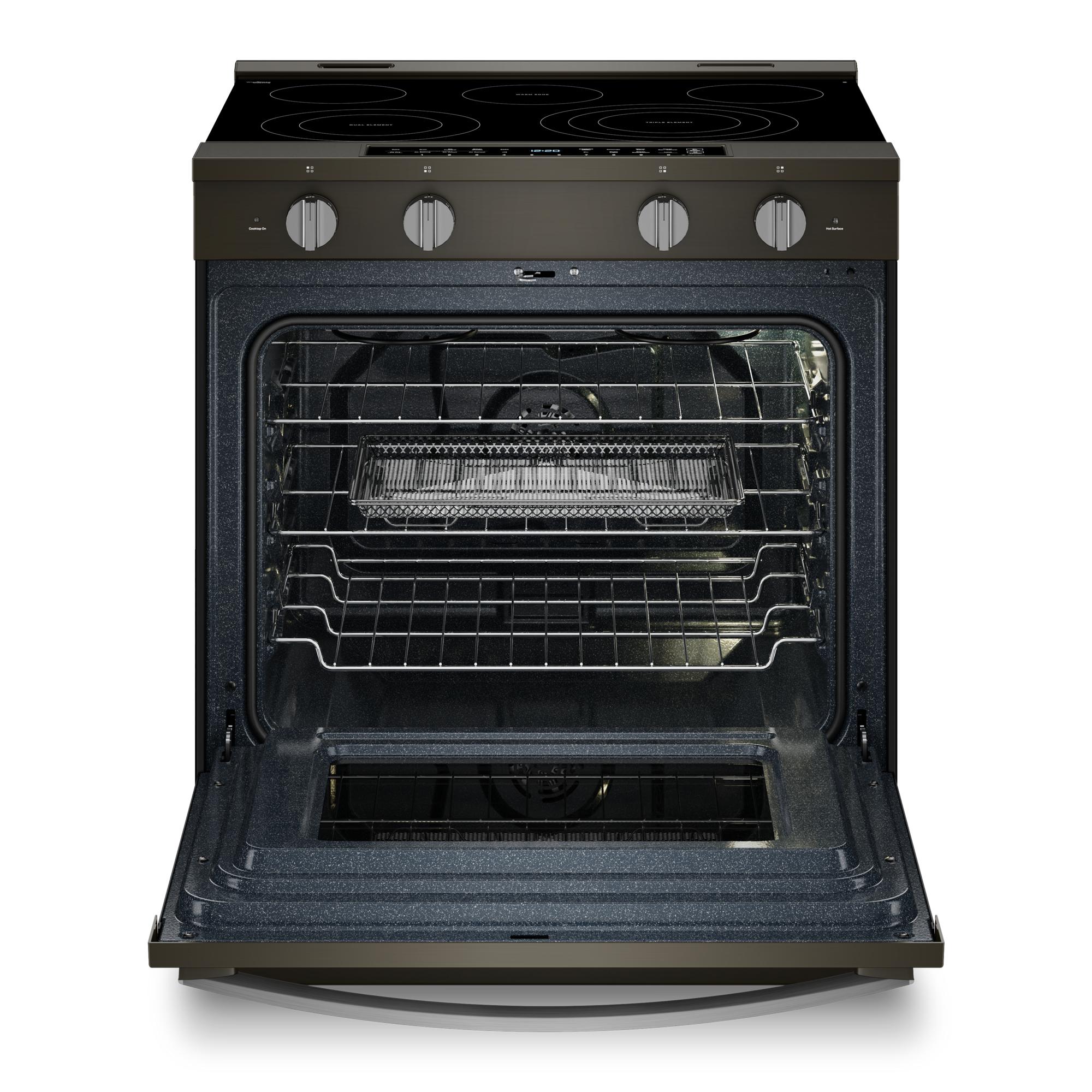 Estufa eléctrica con horno de convección para freír al aire de 5 quemadores de vidrio de 30 pulgadas de Whirlpool con acabado de acero inoxidable negro y recubrimiento WipeClean