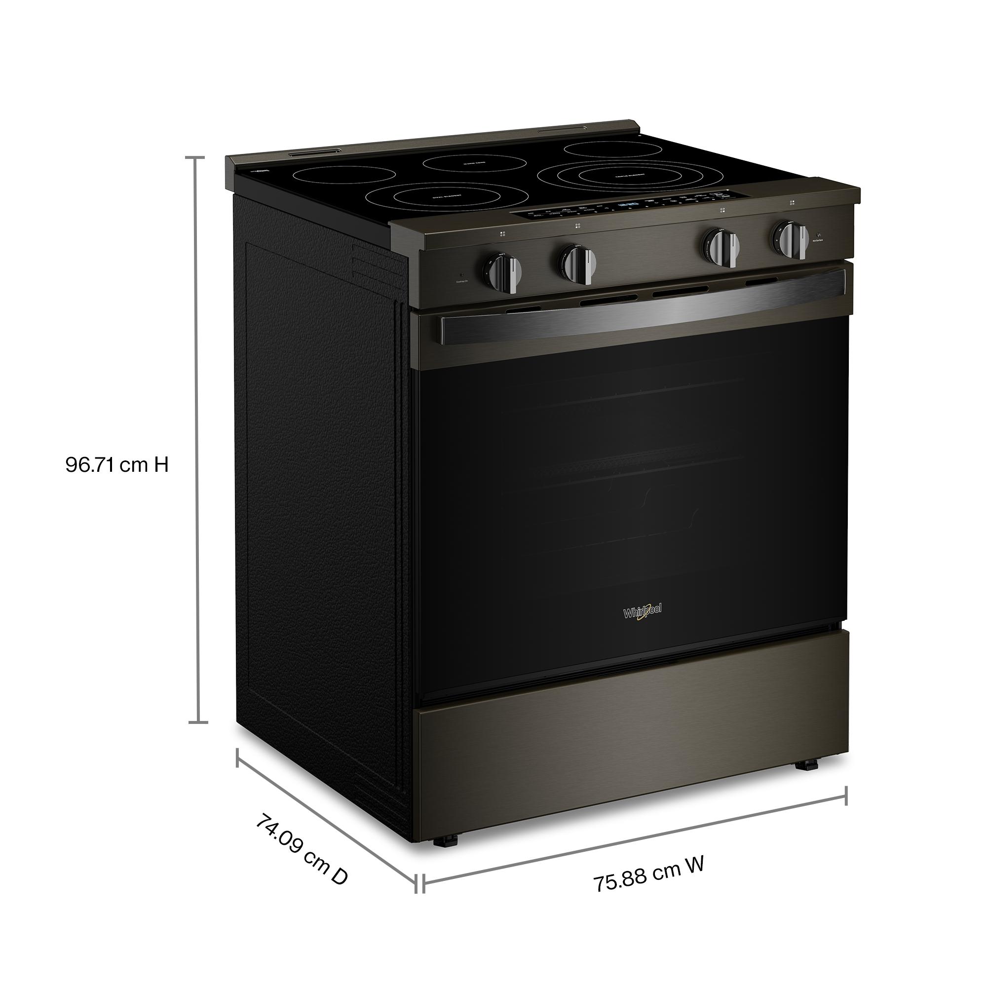 Estufa eléctrica con horno de convección para freír al aire de 5 quemadores de vidrio de 30 pulgadas de Whirlpool con acabado de acero inoxidable negro y recubrimiento WipeClean