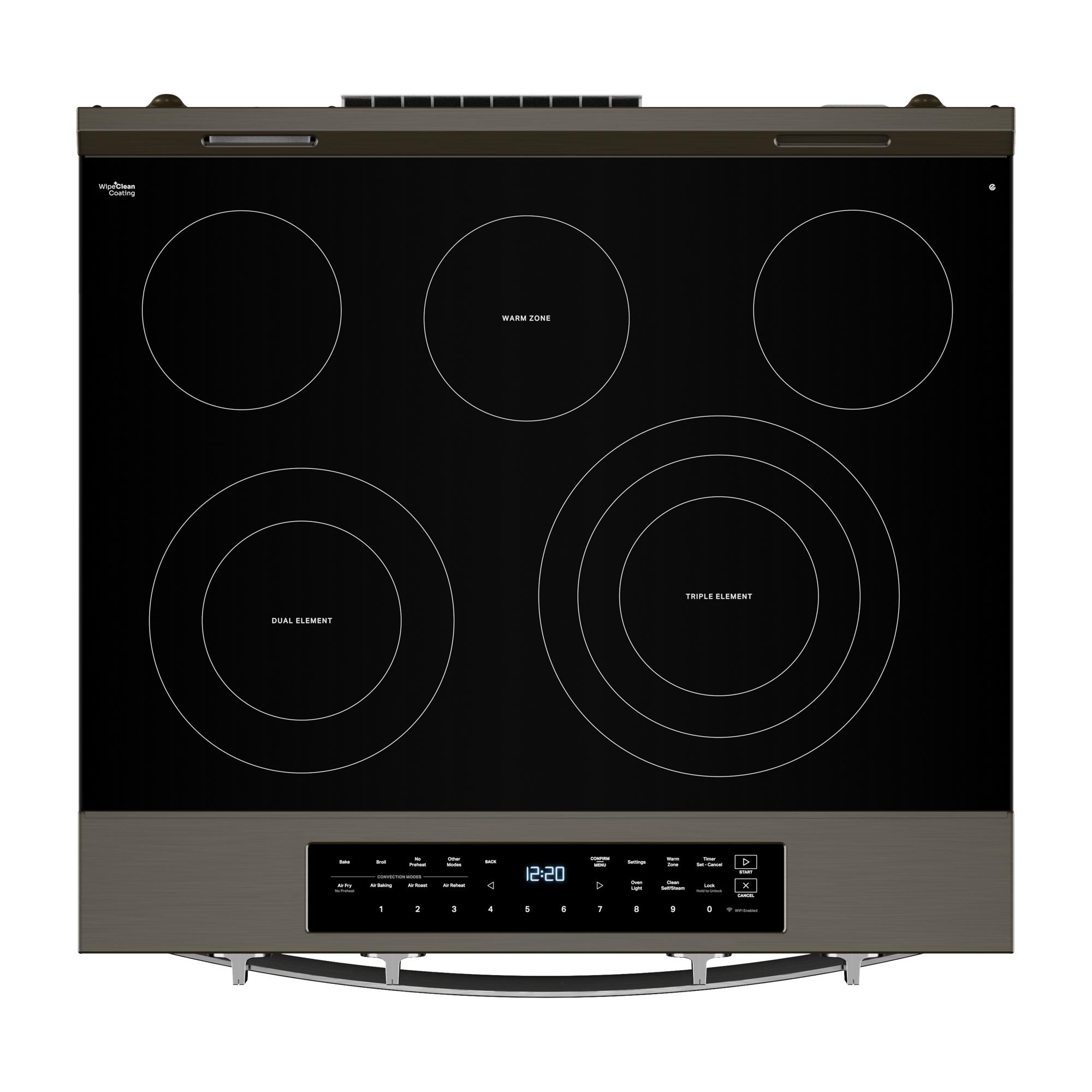 Estufa eléctrica con horno de convección para freír al aire de 5 quemadores de vidrio de 30 pulgadas de Whirlpool con acabado de acero inoxidable negro y recubrimiento WipeClean