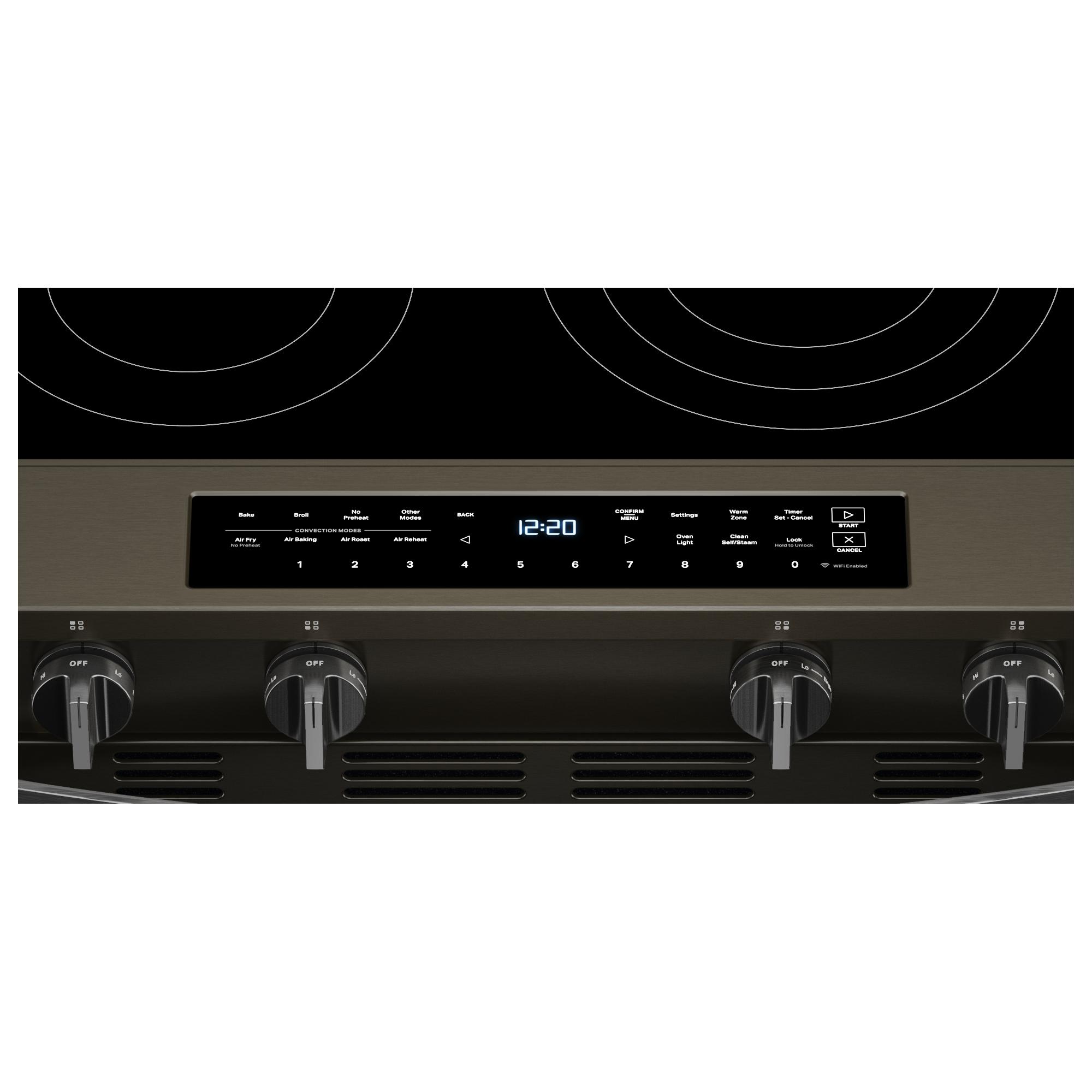 Estufa eléctrica con horno de convección para freír al aire de 5 quemadores de vidrio de 30 pulgadas de Whirlpool con acabado de acero inoxidable negro y recubrimiento WipeClean