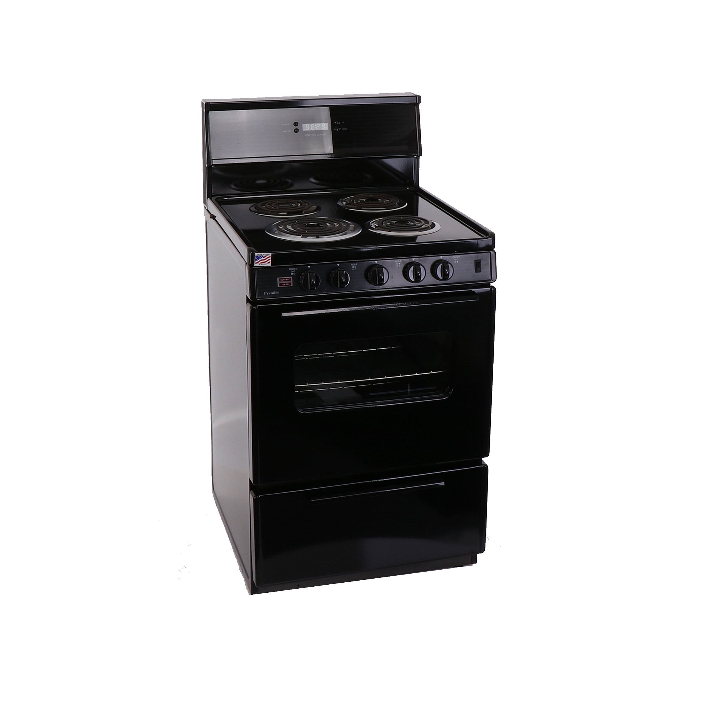 Estufa eléctrica independiente de 24 pulgadas con 4 quemadores y horno de 2.9 pies cúbicos en color negro