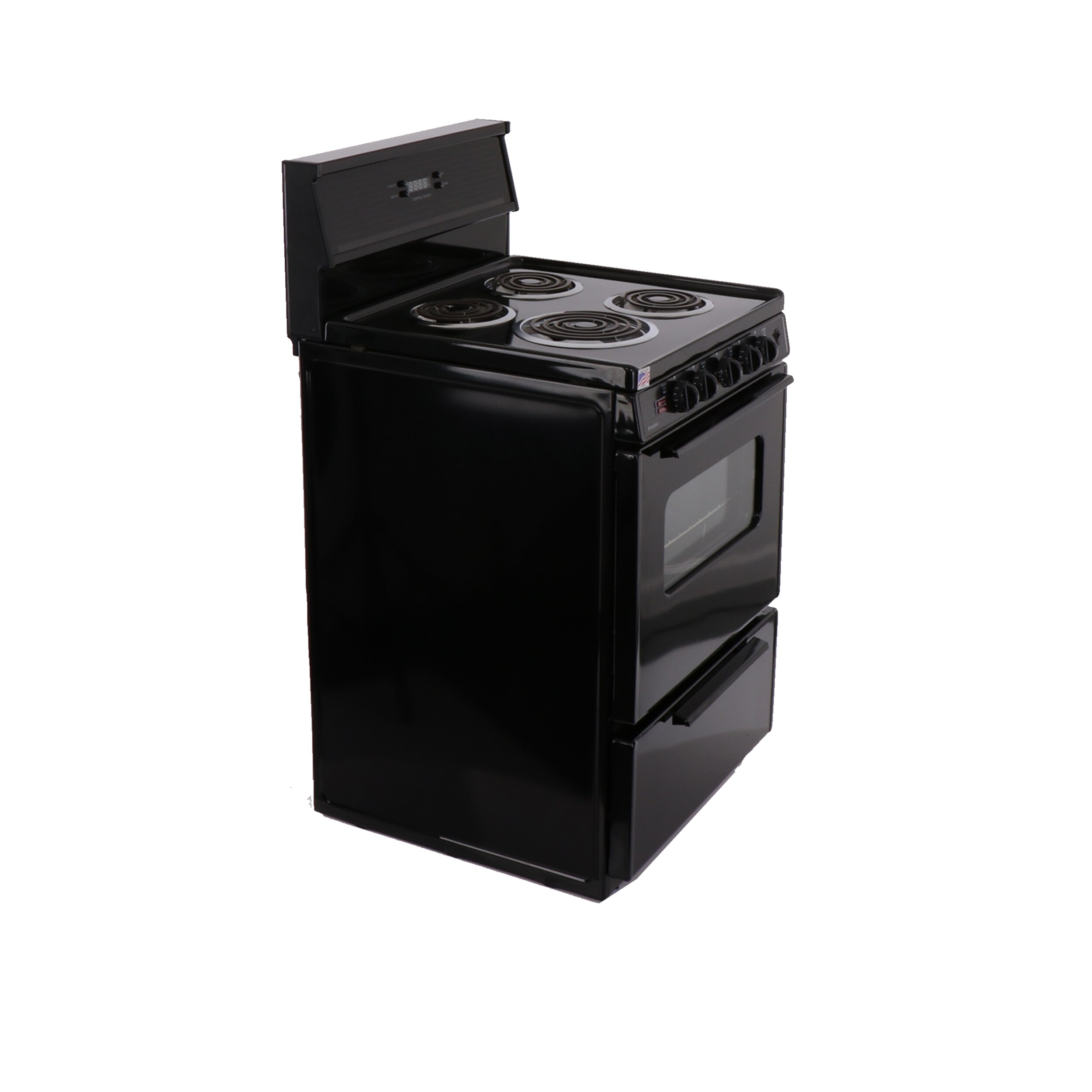 Estufa eléctrica independiente de 24 pulgadas con 4 quemadores y horno de 2.9 pies cúbicos en color negro