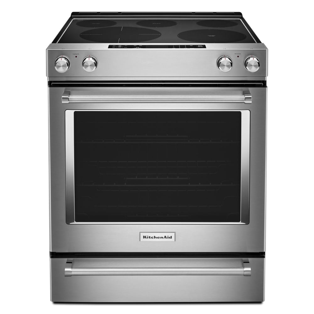 Estufa eléctrica de empotrar con superficie de vidrio, 5 quemadores y horno de convección de 6.4 pies cúbicos de KitchenAid 30 pulgadas (Acero inoxidable)