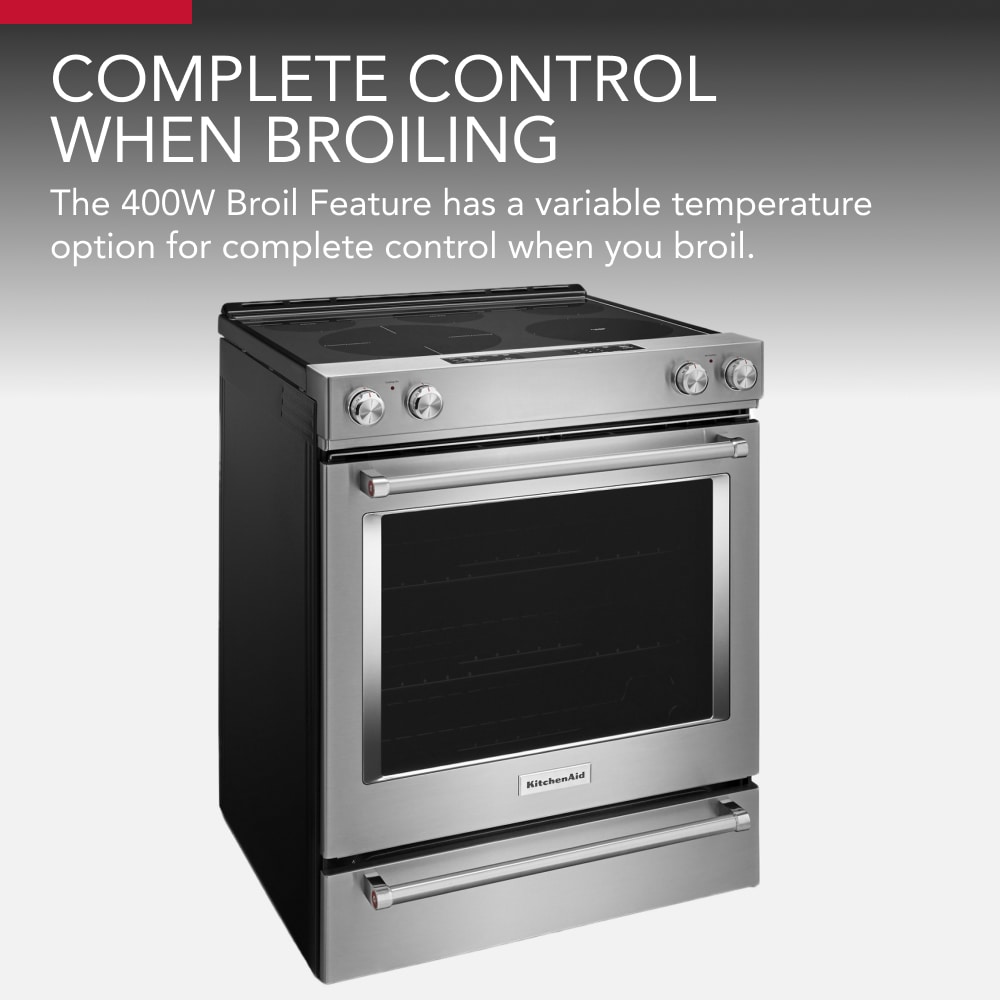 Estufa eléctrica de empotrar con superficie de vidrio, 5 quemadores y horno de convección de 6.4 pies cúbicos de KitchenAid 30 pulgadas (Acero inoxidable)