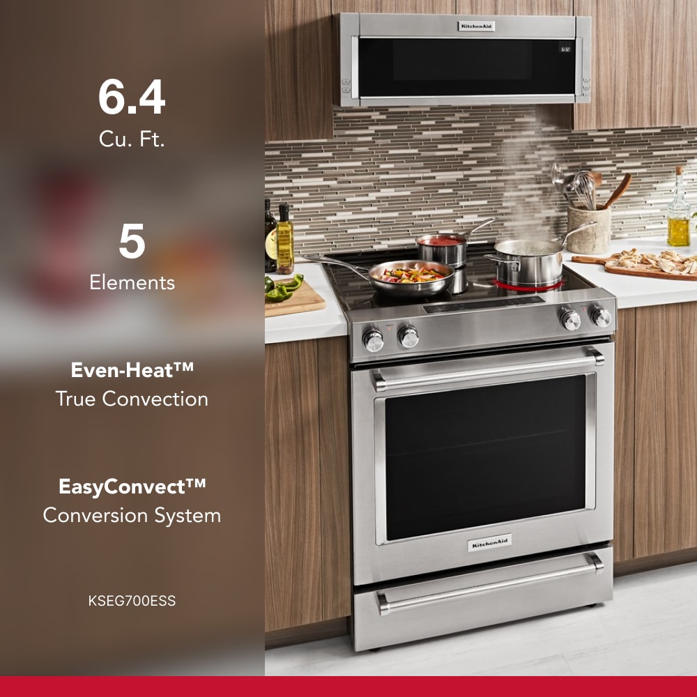 Estufa eléctrica de empotrar con superficie de vidrio, 5 quemadores y horno de convección de 6.4 pies cúbicos de KitchenAid 30 pulgadas (Acero inoxidable)