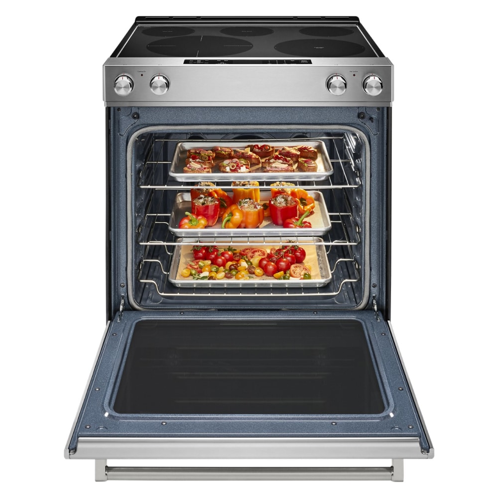 Estufa eléctrica de empotrar con superficie de vidrio, 5 quemadores y horno de convección de 6.4 pies cúbicos de KitchenAid 30 pulgadas (Acero inoxidable)