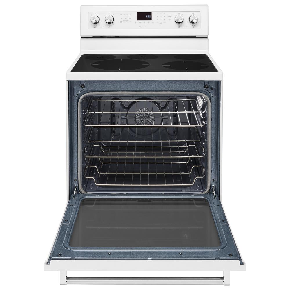 Estufa eléctrica independiente con horno de convección de 6.4 pies cúbicos, 5 quemadores y cubierta de vidrio de 30 pulgadas en color blanco KitchenAid