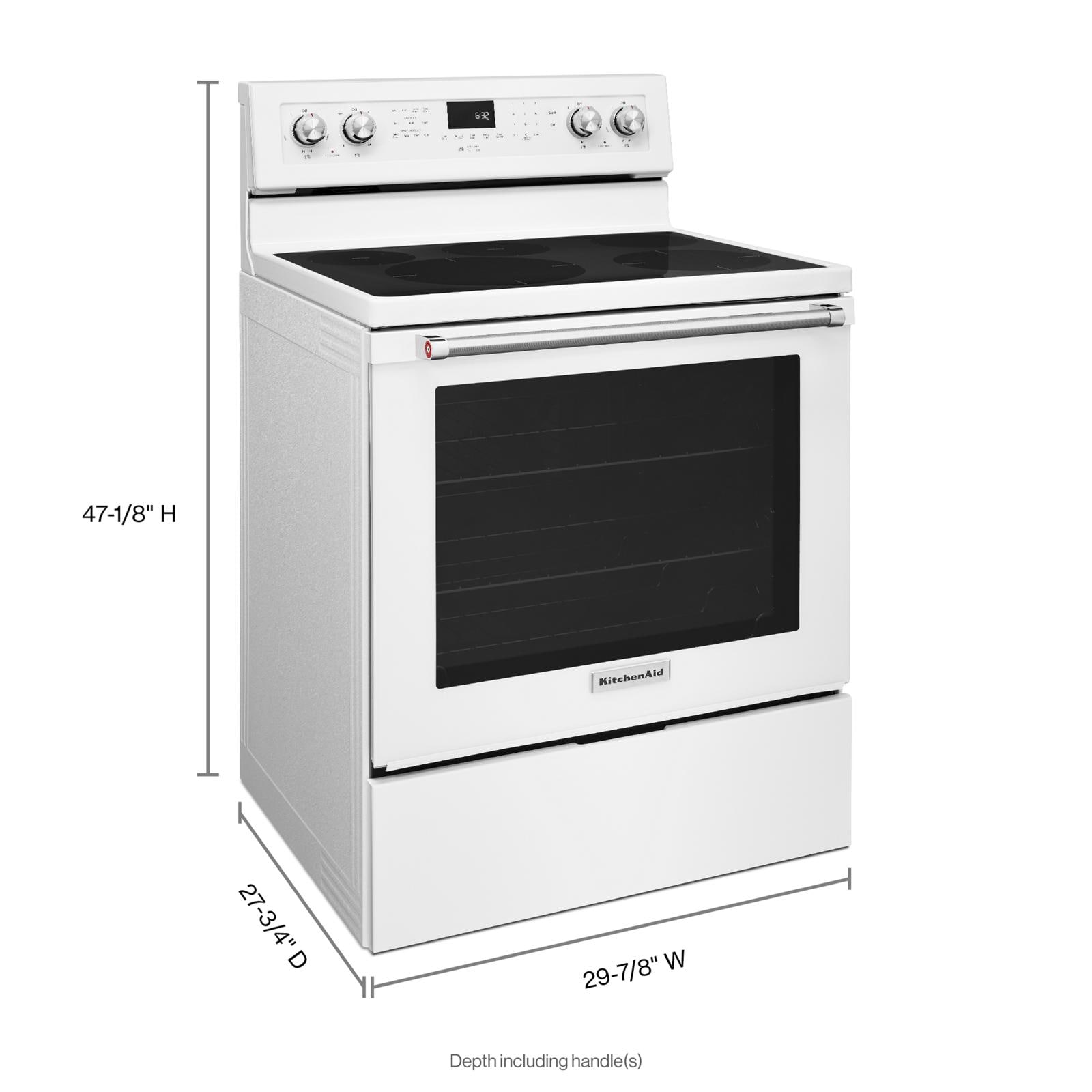 Estufa eléctrica independiente con horno de convección de 6.4 pies cúbicos, 5 quemadores y cubierta de vidrio de 30 pulgadas en color blanco KitchenAid