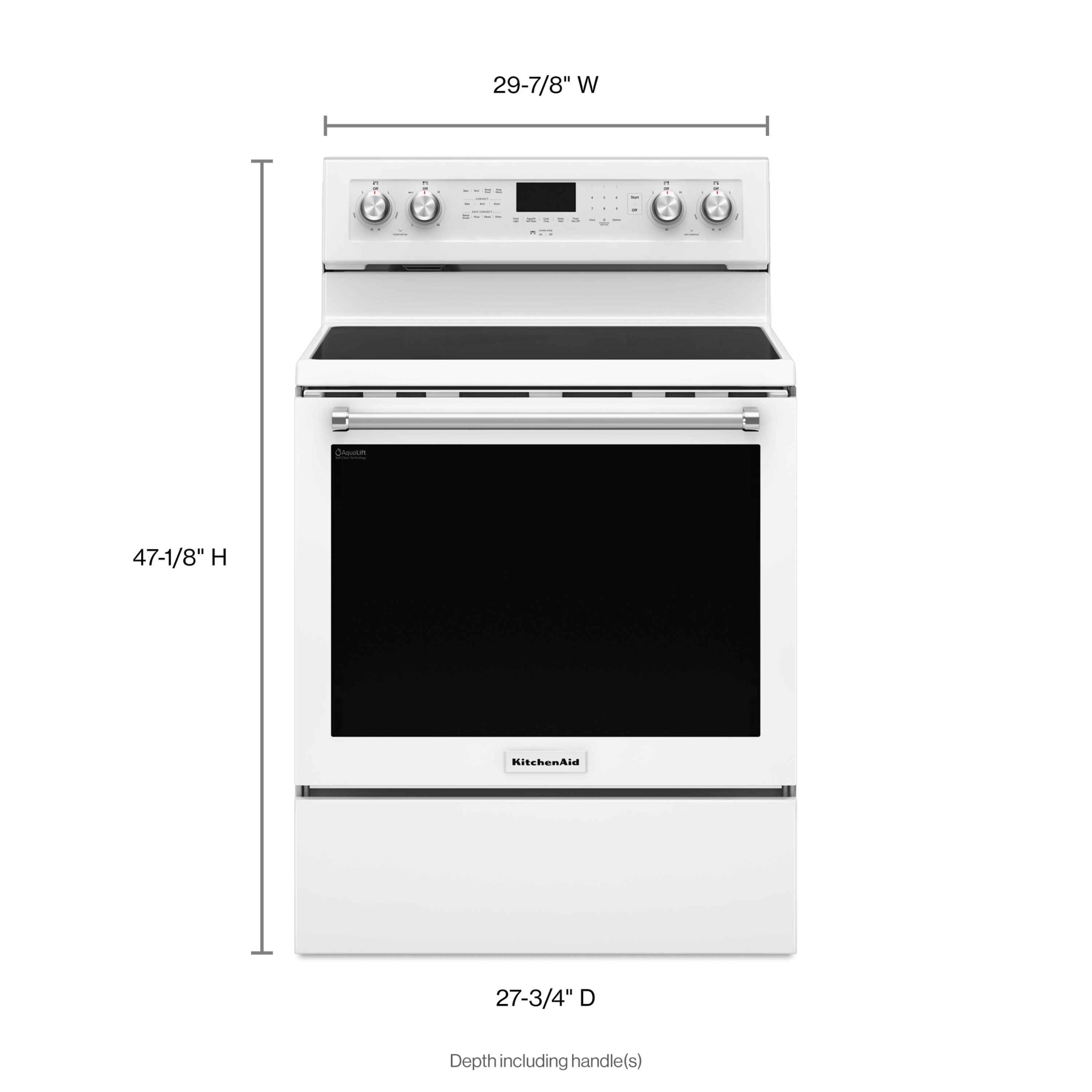 Estufa eléctrica independiente con horno de convección de 6.4 pies cúbicos, 5 quemadores y cubierta de vidrio de 30 pulgadas en color blanco KitchenAid