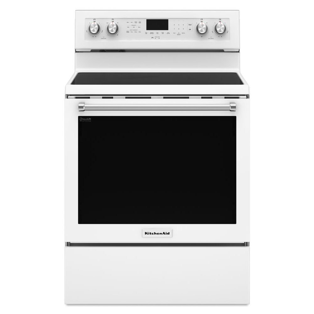 Estufa eléctrica independiente con horno de convección de 6.4 pies cúbicos, 5 quemadores y cubierta de vidrio de 30 pulgadas en color blanco KitchenAid