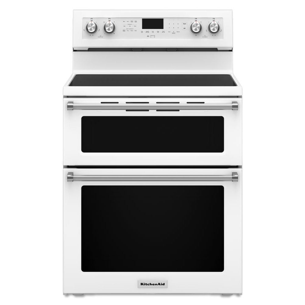 Estufa eléctrica de doble horno de pie con tapa de vidrio de 30 pulgadas, 5 quemadores, 4.2 pies cúbicos/2.5 pies cúbicos, horno de convección (blanco) KFED500EWH