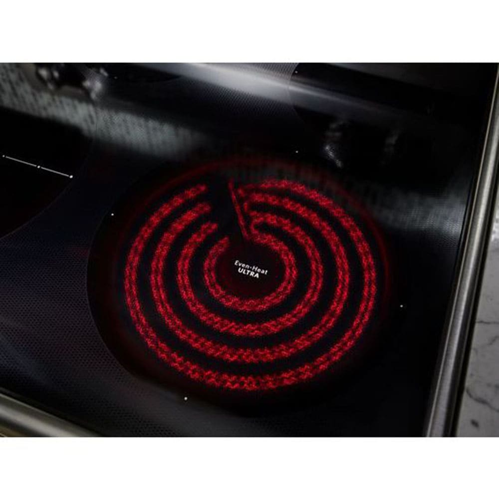 Estufa eléctrica de doble horno de pie con tapa de vidrio de 30 pulgadas, 5 quemadores, 4.2 pies cúbicos/2.5 pies cúbicos, horno de convección (blanco) KFED500EWH