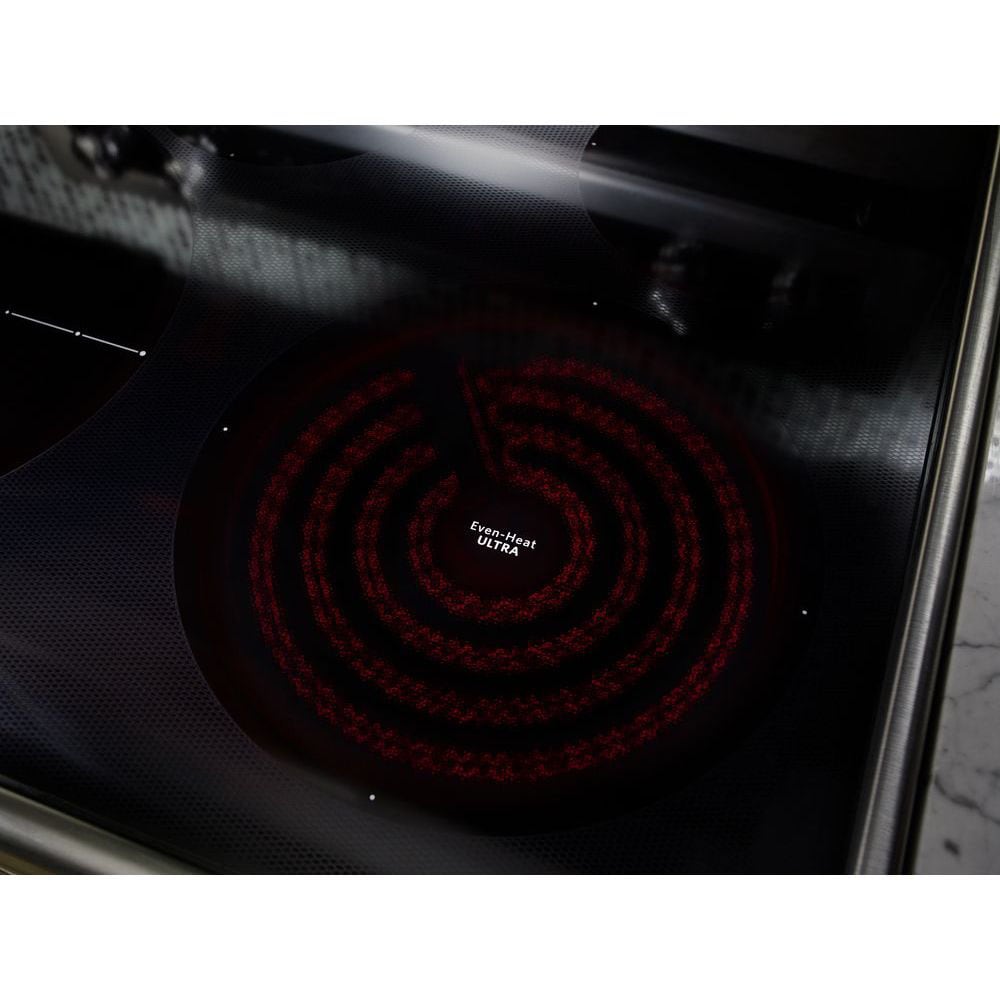 Estufa eléctrica de doble horno de pie con tapa de vidrio de 30 pulgadas, 5 quemadores, 4.2 pies cúbicos/2.5 pies cúbicos, horno de convección (blanco) KFED500EWH