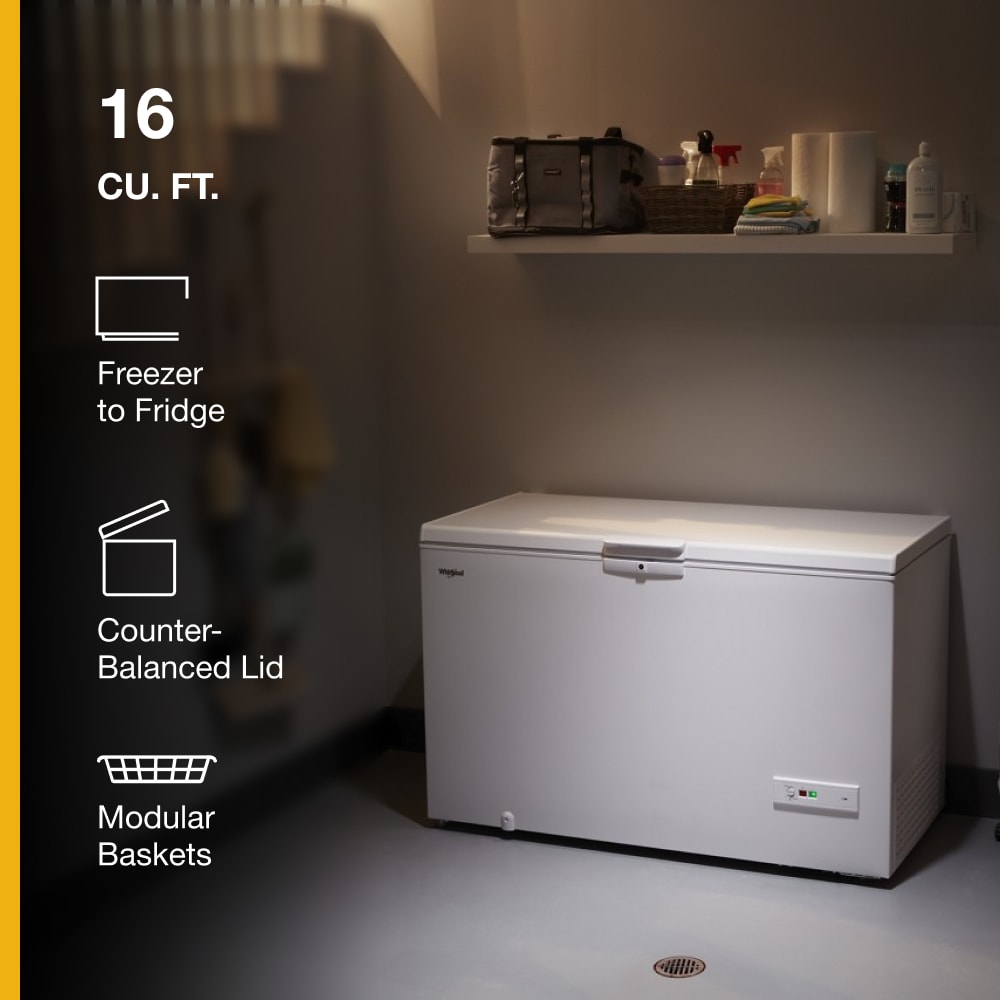 Congelador de Cofre convertible a Refrigerador de 16 pies cúbicos listo para el garaje de Whirlpool con Almacenamiento Flexible (Blanco)