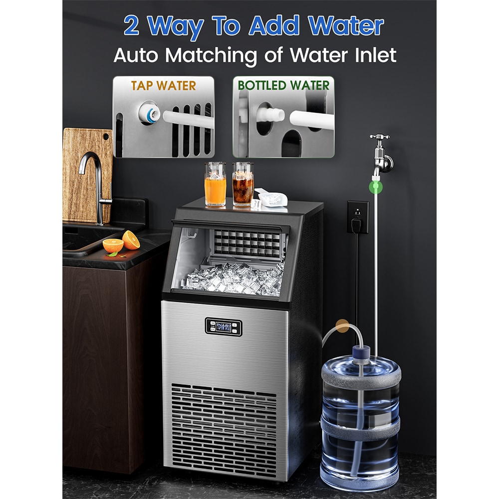 Maquina de Hielo de 33 libras de Almacenamiento de Hielo y Producción de 100 libras por día, para colocar de pie o empotrable, con Hielo en Cubos (Acero Inoxidable con Pala) Z5845AS