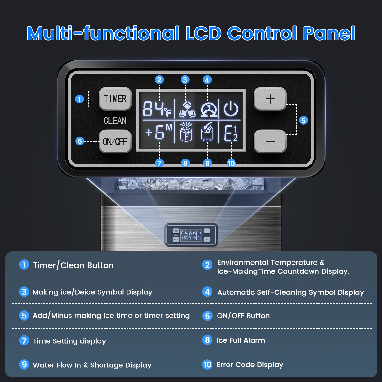 Maquina de Hielo de 33 libras de Almacenamiento de Hielo y Producción de 100 libras por día, para colocar de pie o empotrable, con Hielo en Cubos (Acero Inoxidable con Pala) Z5845AS