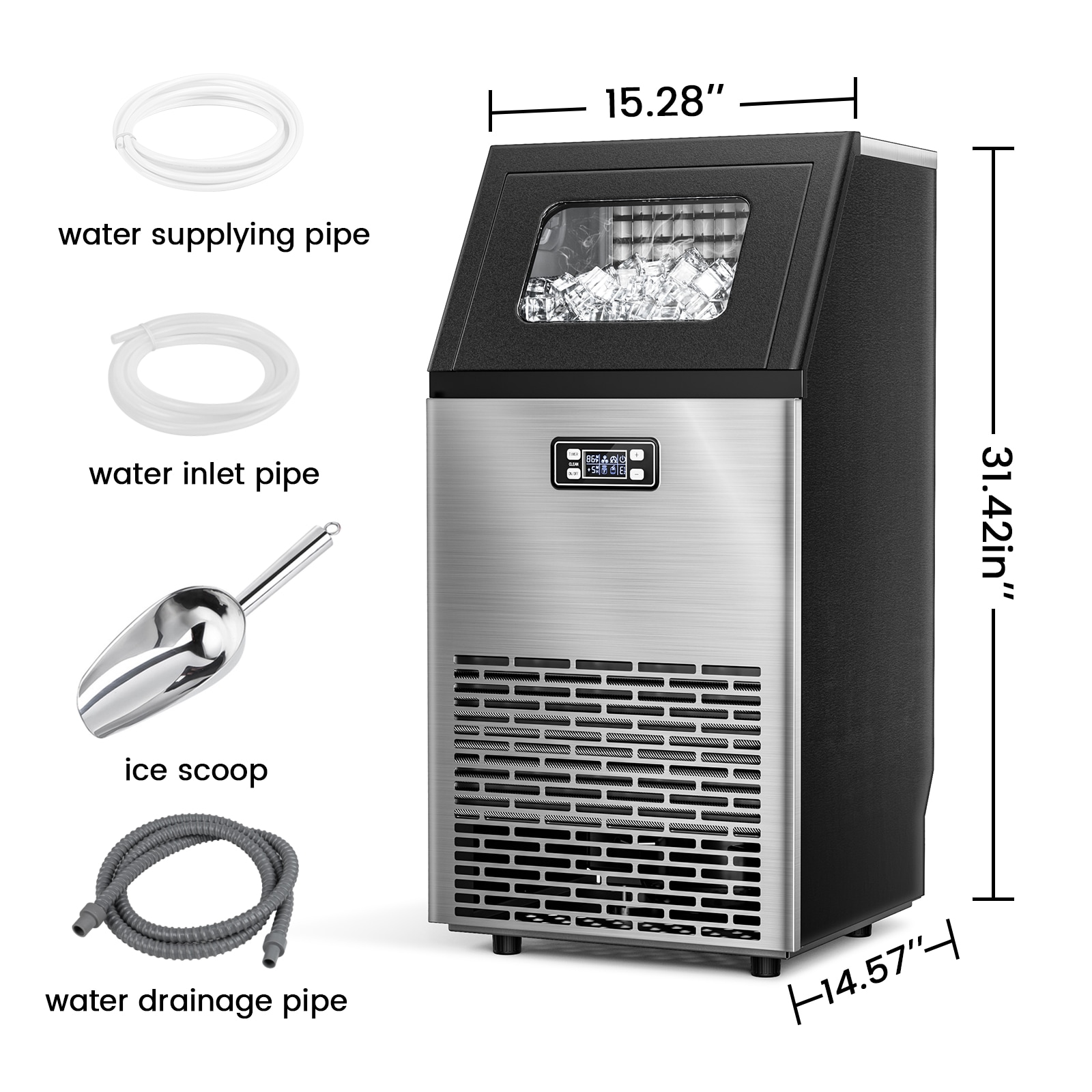 Maquina de Hielo de 33 libras de Almacenamiento de Hielo y Producción de 100 libras por día, para colocar de pie o empotrable, con Hielo en Cubos (Acero Inoxidable con Pala) Z5845AS