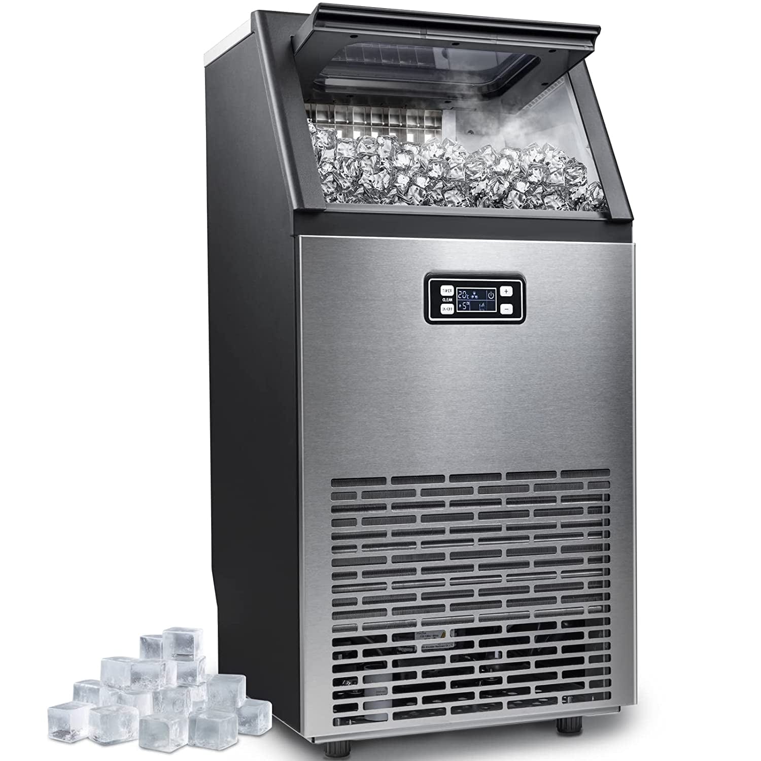 Maquina de Hielo de 33 libras de Almacenamiento de Hielo y Producción de 100 libras por día, para colocar de pie o empotrable, con Hielo en Cubos (Acero Inoxidable con Pala) Z5845AS