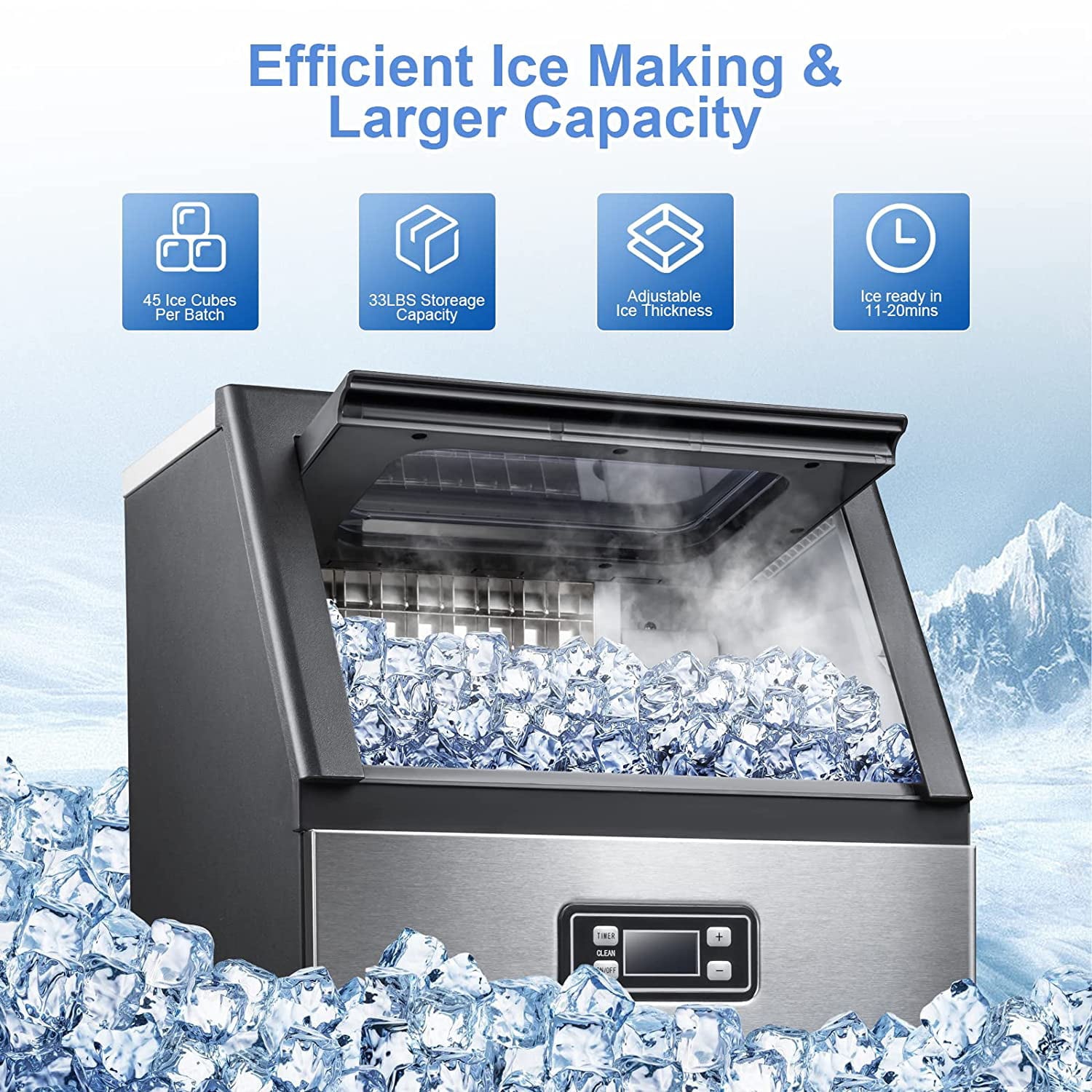 Maquina de Hielo de 33 libras de Almacenamiento de Hielo y Producción de 100 libras por día, para colocar de pie o empotrable, con Hielo en Cubos (Acero Inoxidable con Pala) Z5845AS