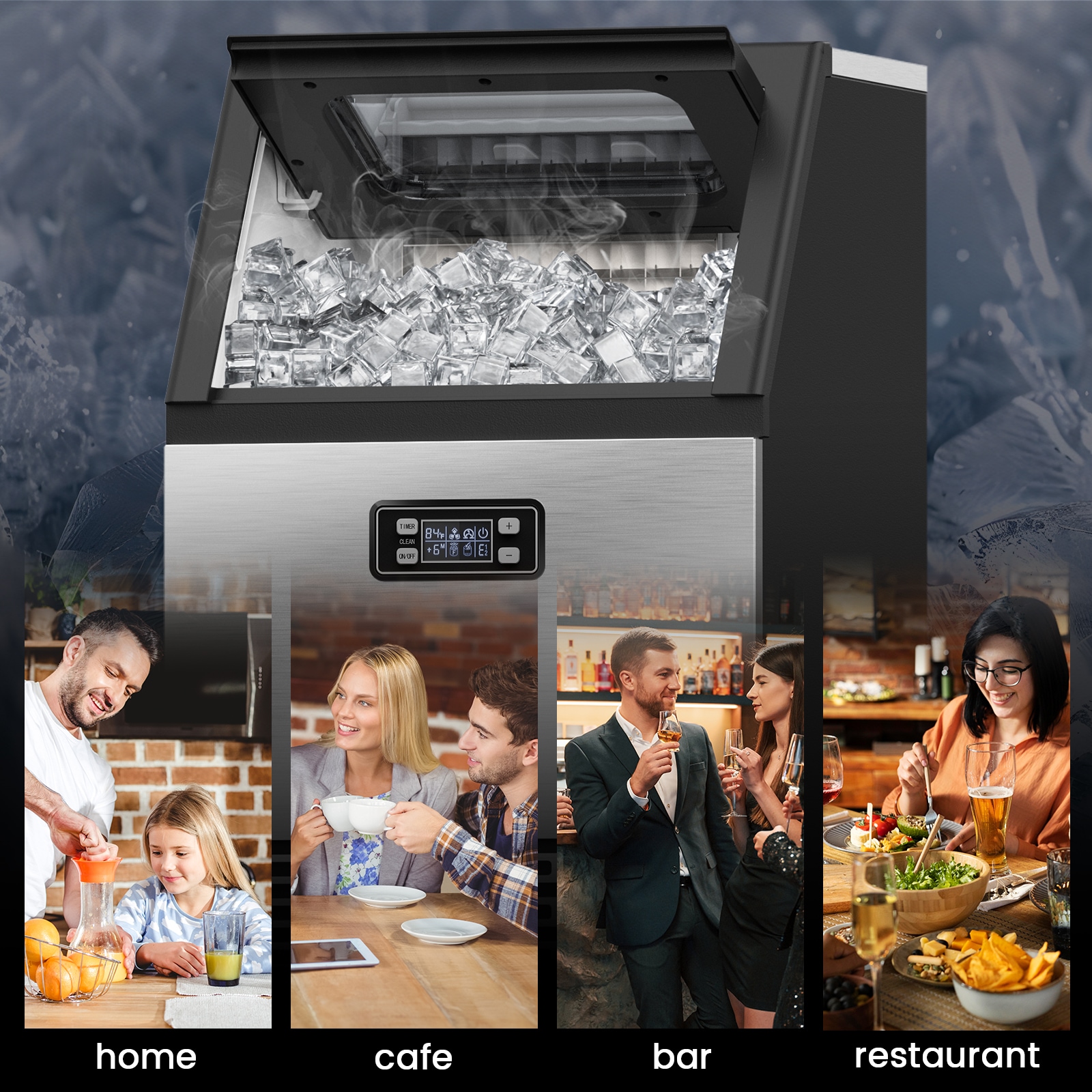 Maquina de Hielo de 33 libras de Almacenamiento de Hielo y Producción de 100 libras por día, para colocar de pie o empotrable, con Hielo en Cubos (Acero Inoxidable con Pala) Z5845AS