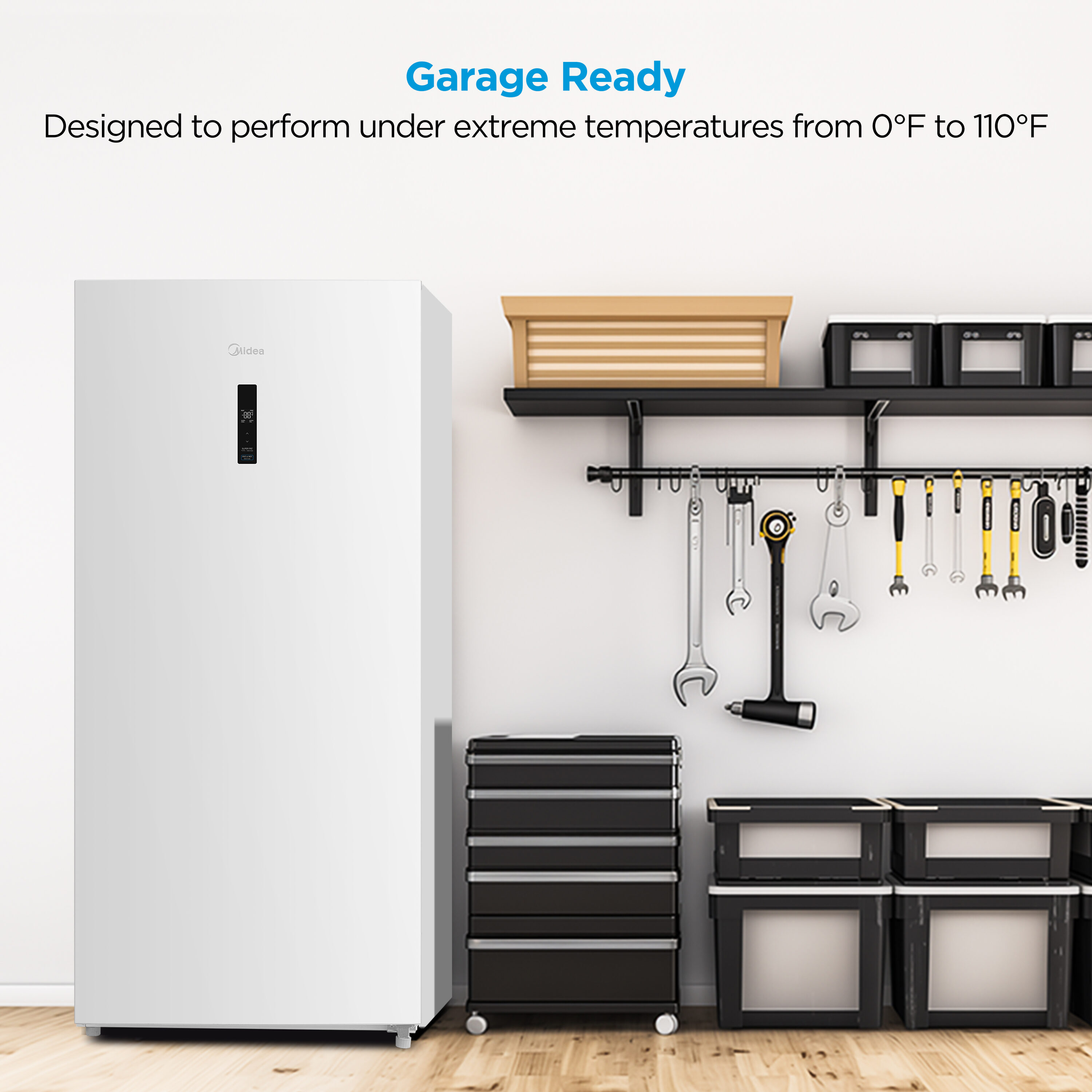 Congelador/Refrigerador Vertical Convertible con Control Digital Midea 13.8 pies cúbicos, Listo para Garaje, Sin Escarcha (Blanco) Certificado ENERGY STAR MRU14F5AWW
