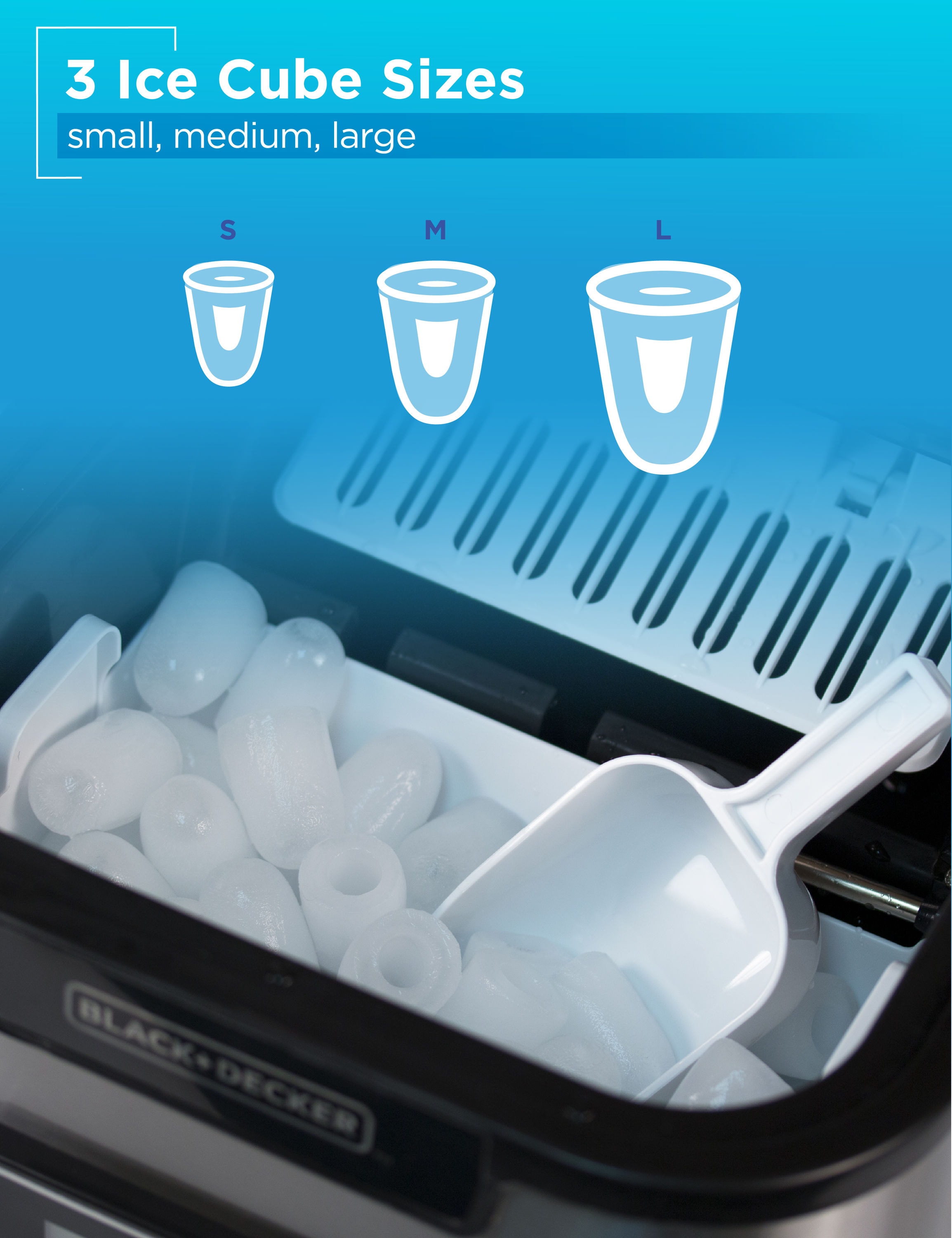 Fabricadora de Hielo de Cubitos Independiente BLACK+DECKER de 26 libras por día (Acero Inoxidable)
