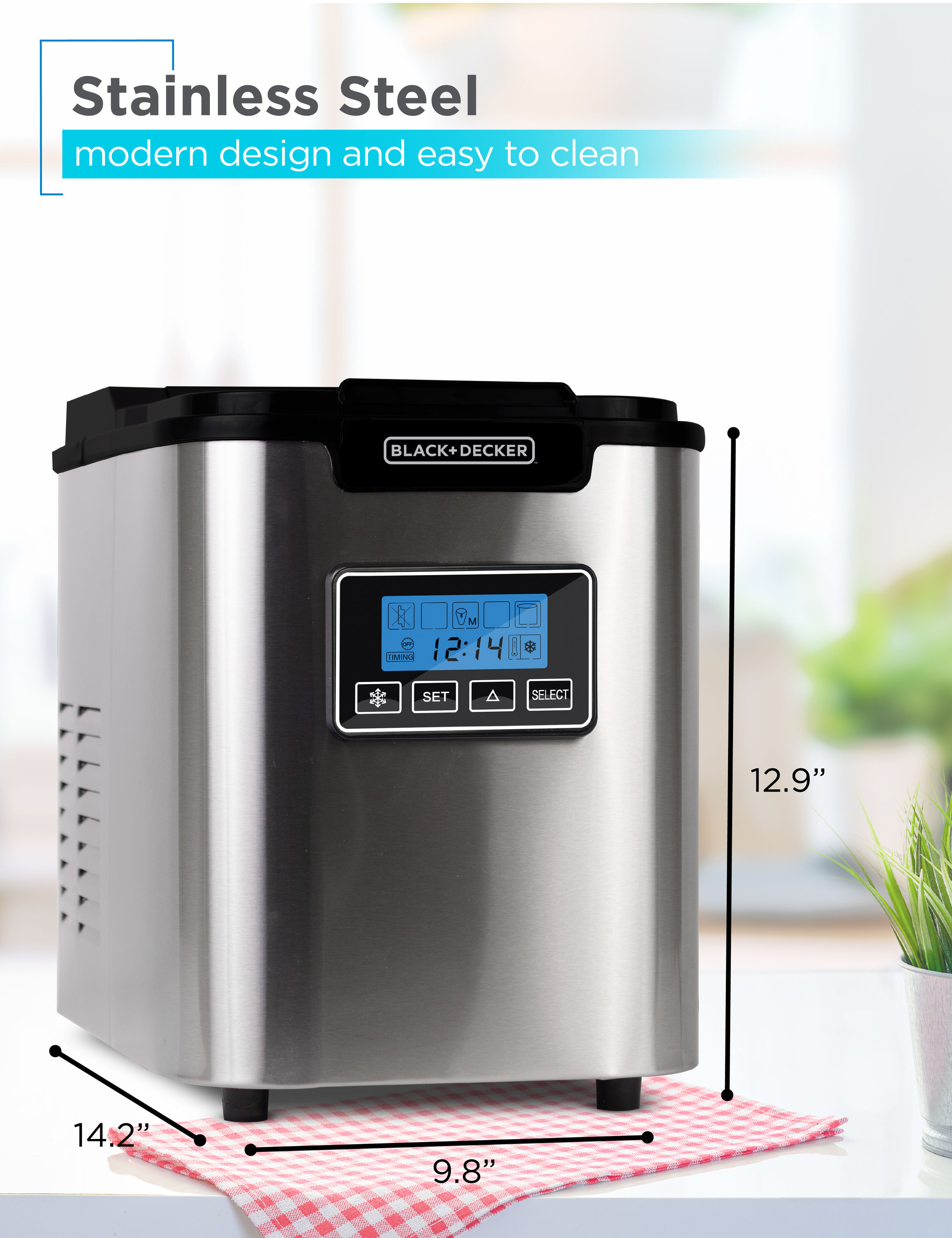 Fabricadora de Hielo de Cubitos Independiente BLACK+DECKER de 26 libras por día (Acero Inoxidable)