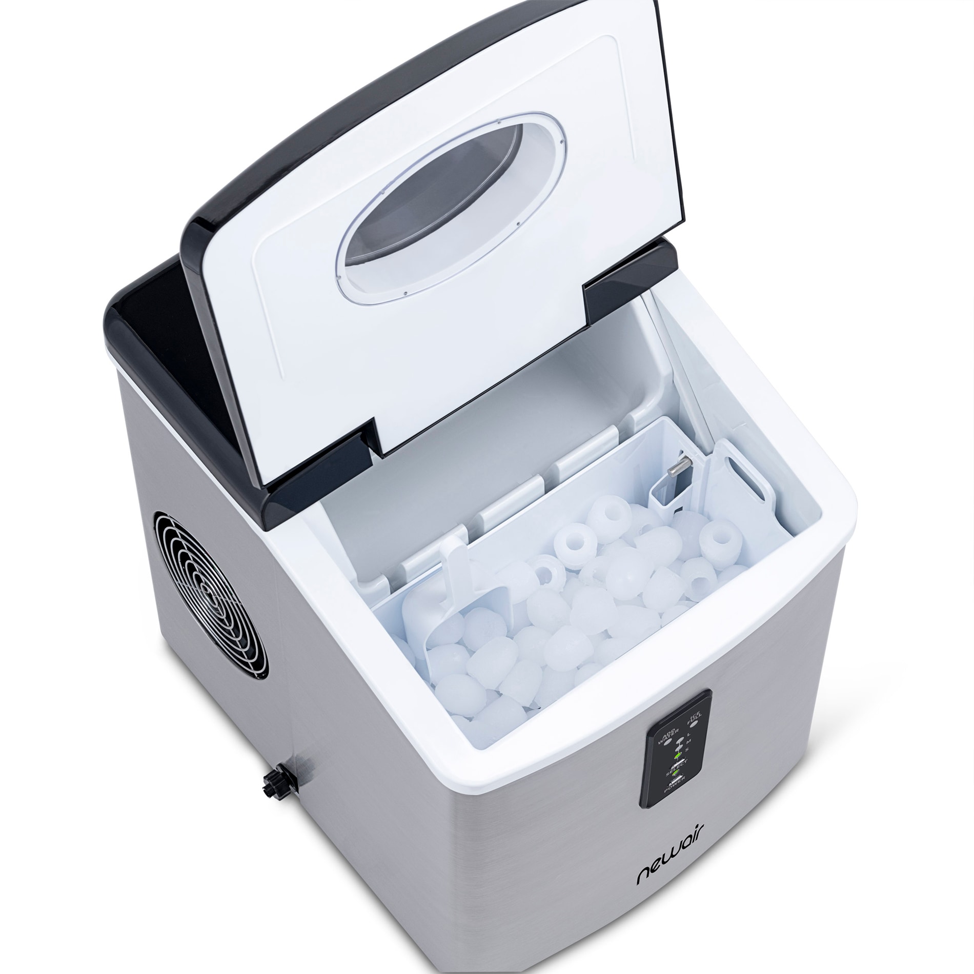 Máquina de hacer hielo tipo bala de acero inoxidable y negro para encimera o portátil que produce 28 libras de hielo por día.