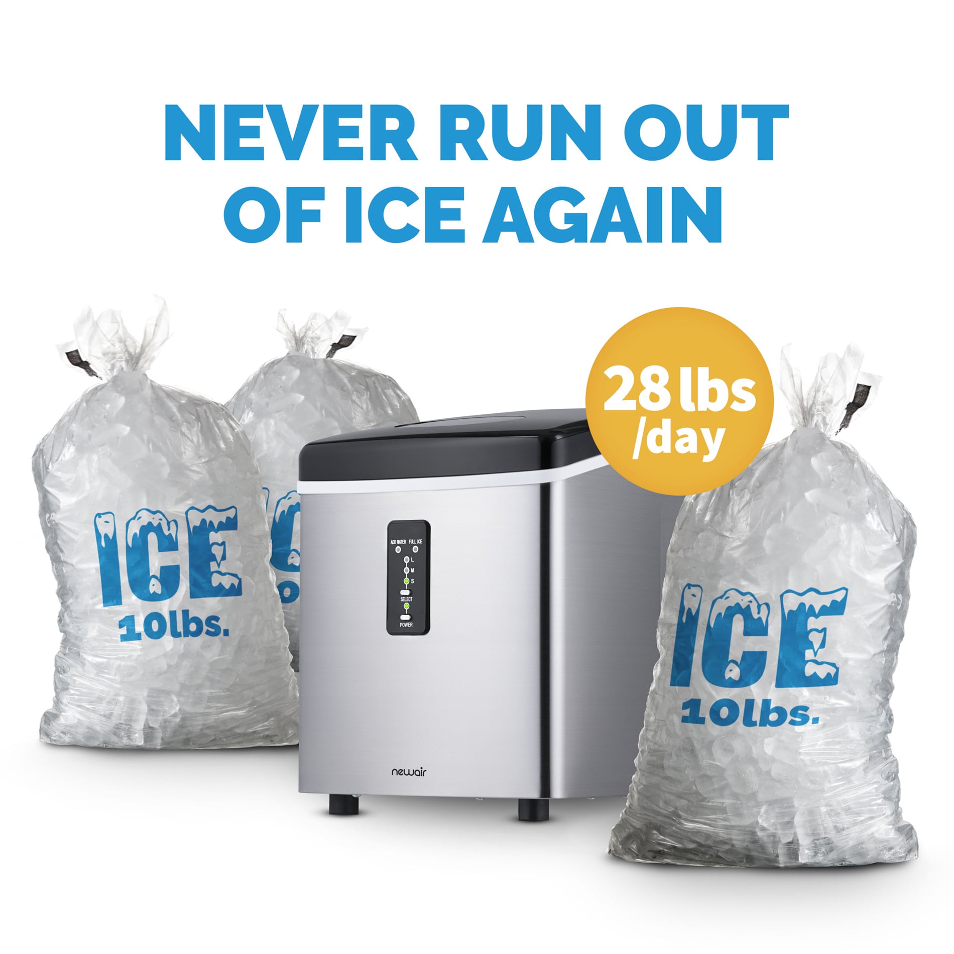 Máquina de hacer hielo tipo bala de acero inoxidable y negro para encimera o portátil que produce 28 libras de hielo por día.