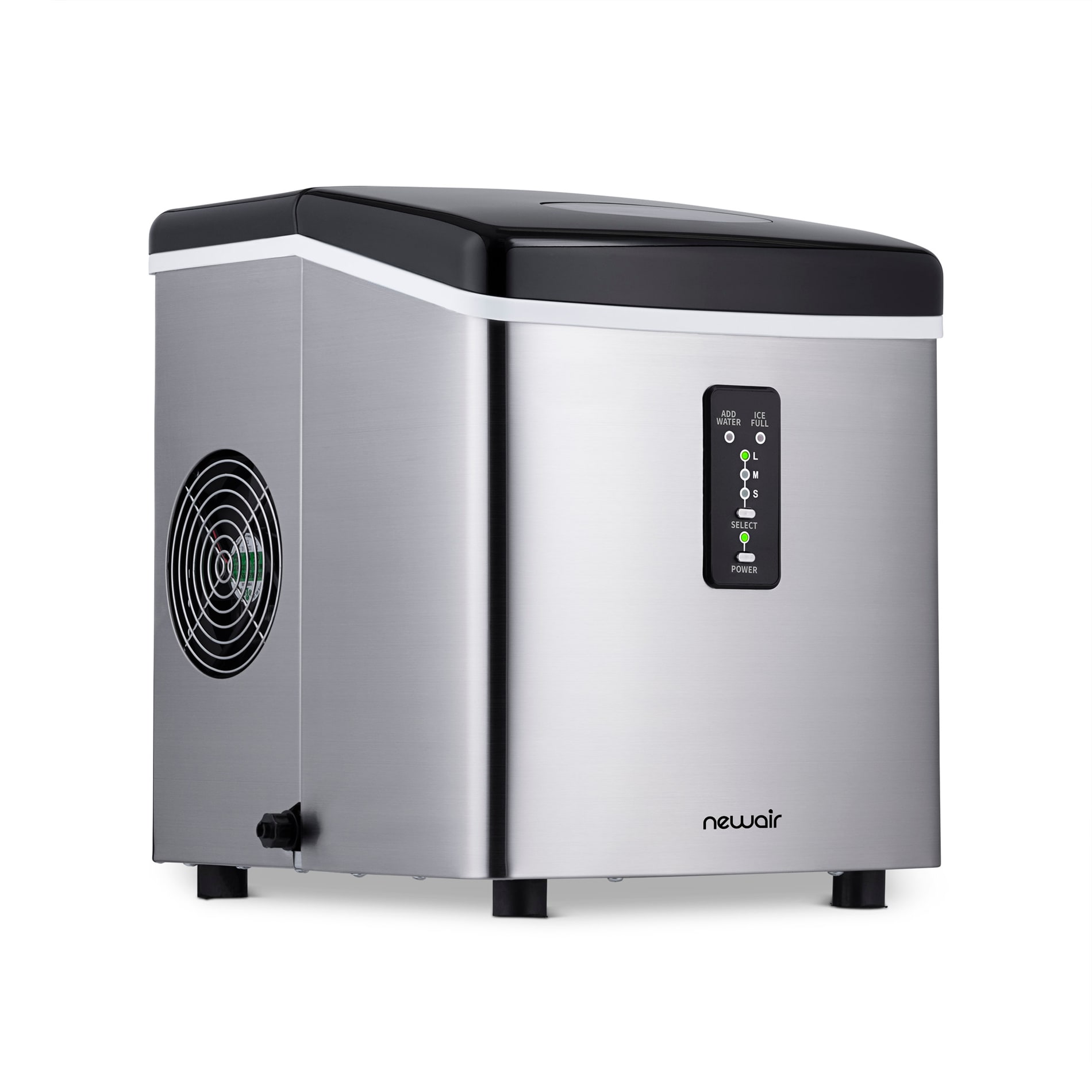 Máquina de hacer hielo tipo bala de acero inoxidable y negro para encimera o portátil que produce 28 libras de hielo por día.