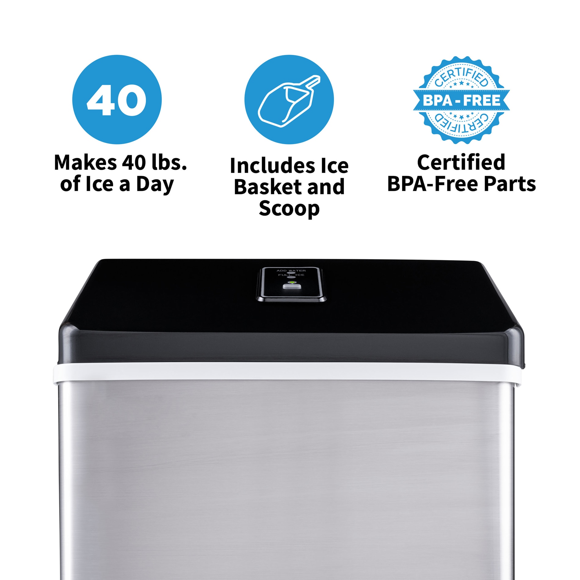 Máquina para hacer hielo en cubos de 40 libras al día de mostrador o portátil (acero inoxidable y negro) CLEARICE40