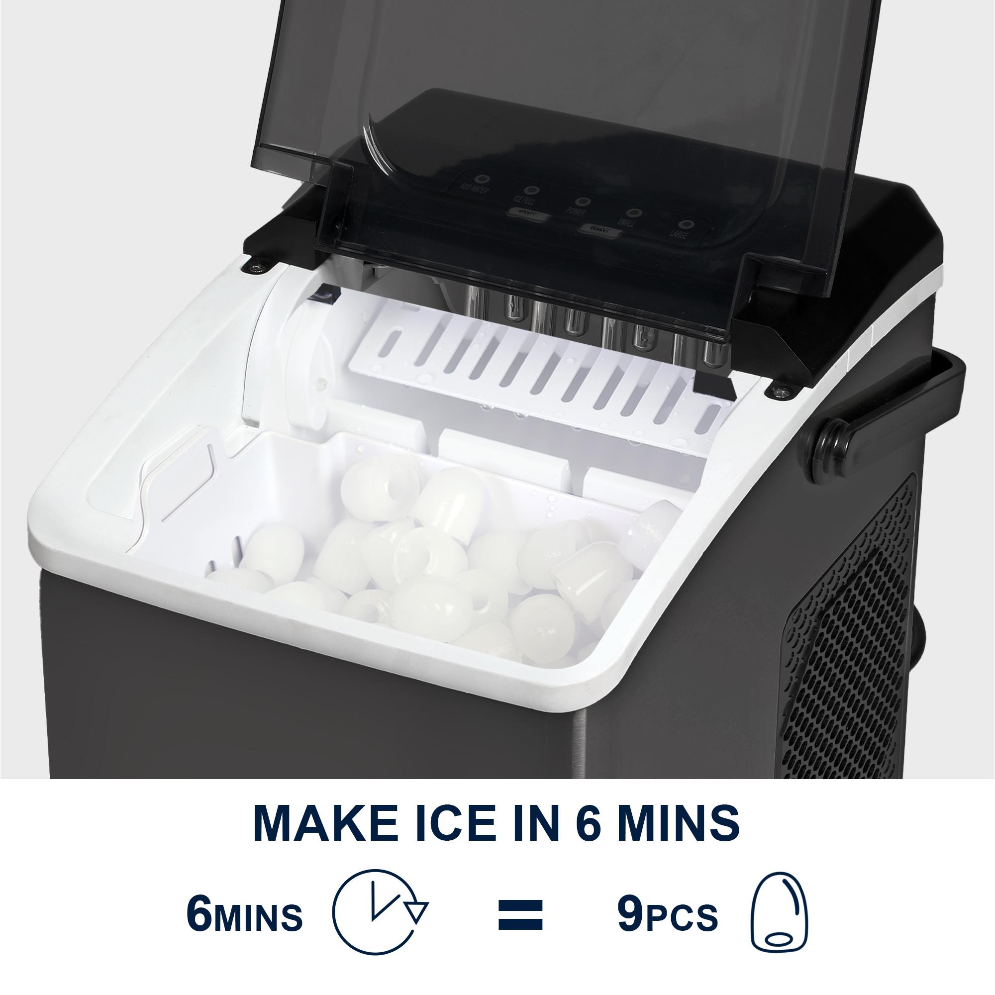 Fabricador de hielo Koolatron con pala y canasta de 26 libras de hielo por día, para mesa o portátil. Hielo en forma de bala (negro) KIM26B.