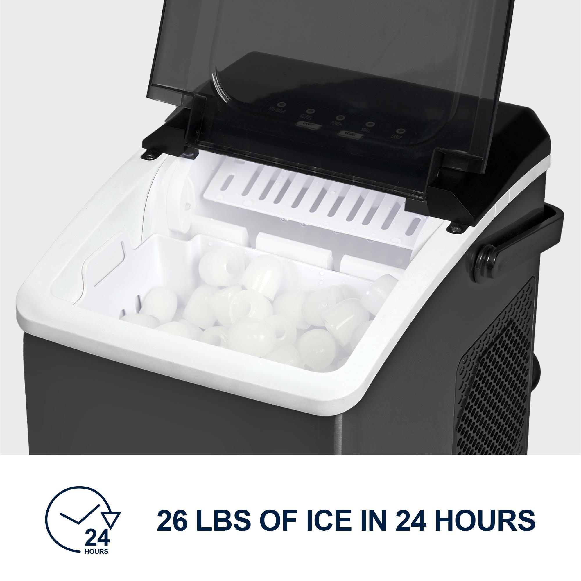 Fabricador de hielo Koolatron con pala y canasta de 26 libras de hielo por día, para mesa o portátil. Hielo en forma de bala (negro) KIM26B.