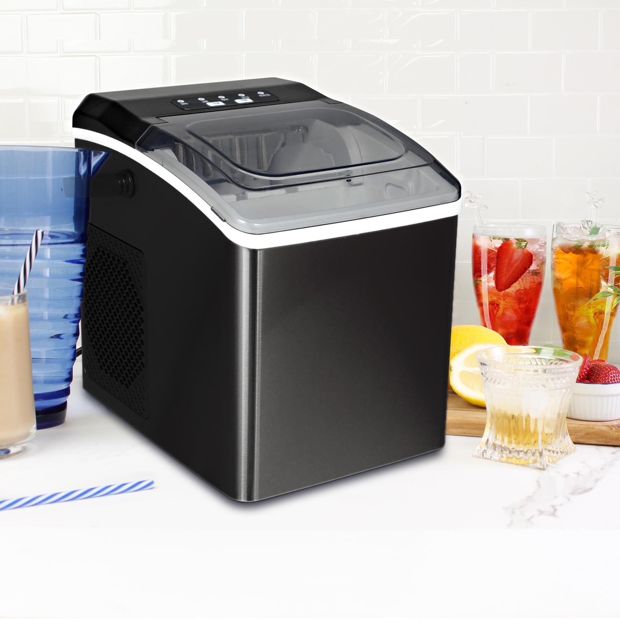 Fabricador de hielo Koolatron con pala y canasta de 26 libras de hielo por día, para mesa o portátil. Hielo en forma de bala (negro) KIM26B.