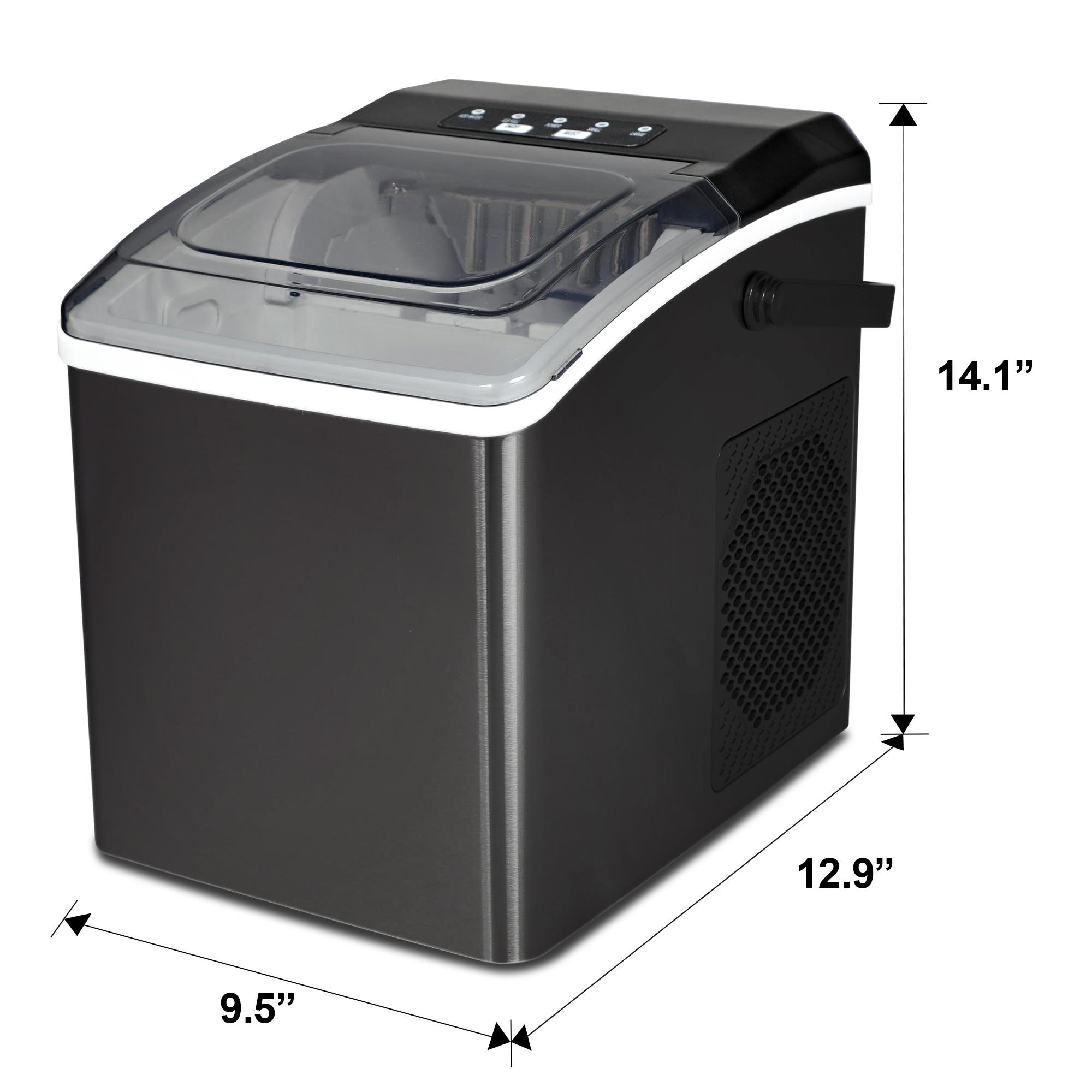 Fabricador de hielo Koolatron con pala y canasta de 26 libras de hielo por día, para mesa o portátil. Hielo en forma de bala (negro) KIM26B.